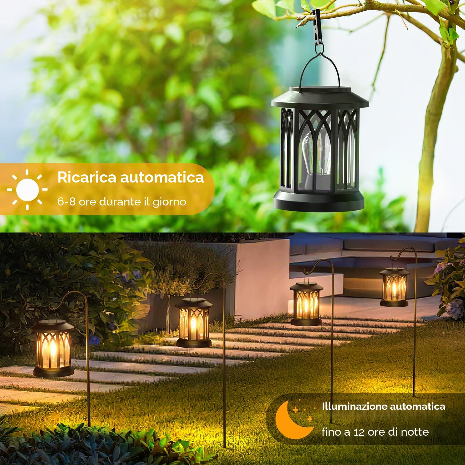 GEARLITE Lanterne Solari da Esterno, 2 Pezzi Luci Solari da Giardino, Luce al Tungsteno Bianco Caldo, IP65 Impermeabile Lanterna Solare da Esterno con Clip, Lampade da Esterno Giardino per Terrazzo