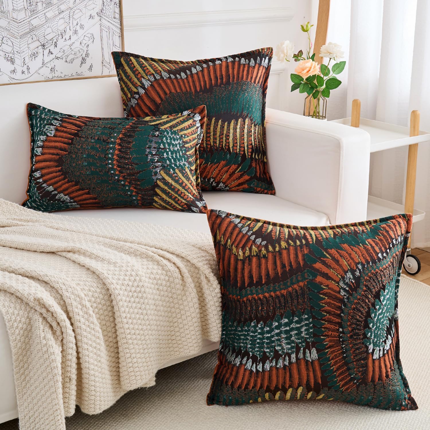 Premium Series Nature-Inspired Feather Wing Throw Pillow Cover, Premium Polyester & Dutch Velvet Cushion Case for Home Décor, Covers Only, Terracotta Sunrise, 20x20 Inch