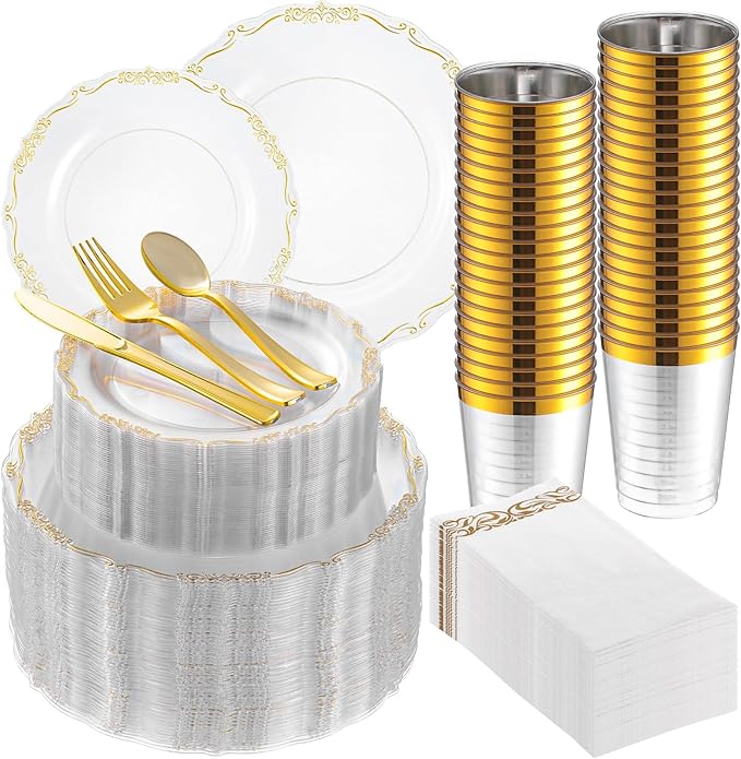Mifoci 700 Pcs Gold Plastic Dinnerware Set Gold Disposable Plates Bulk Clear Gold
