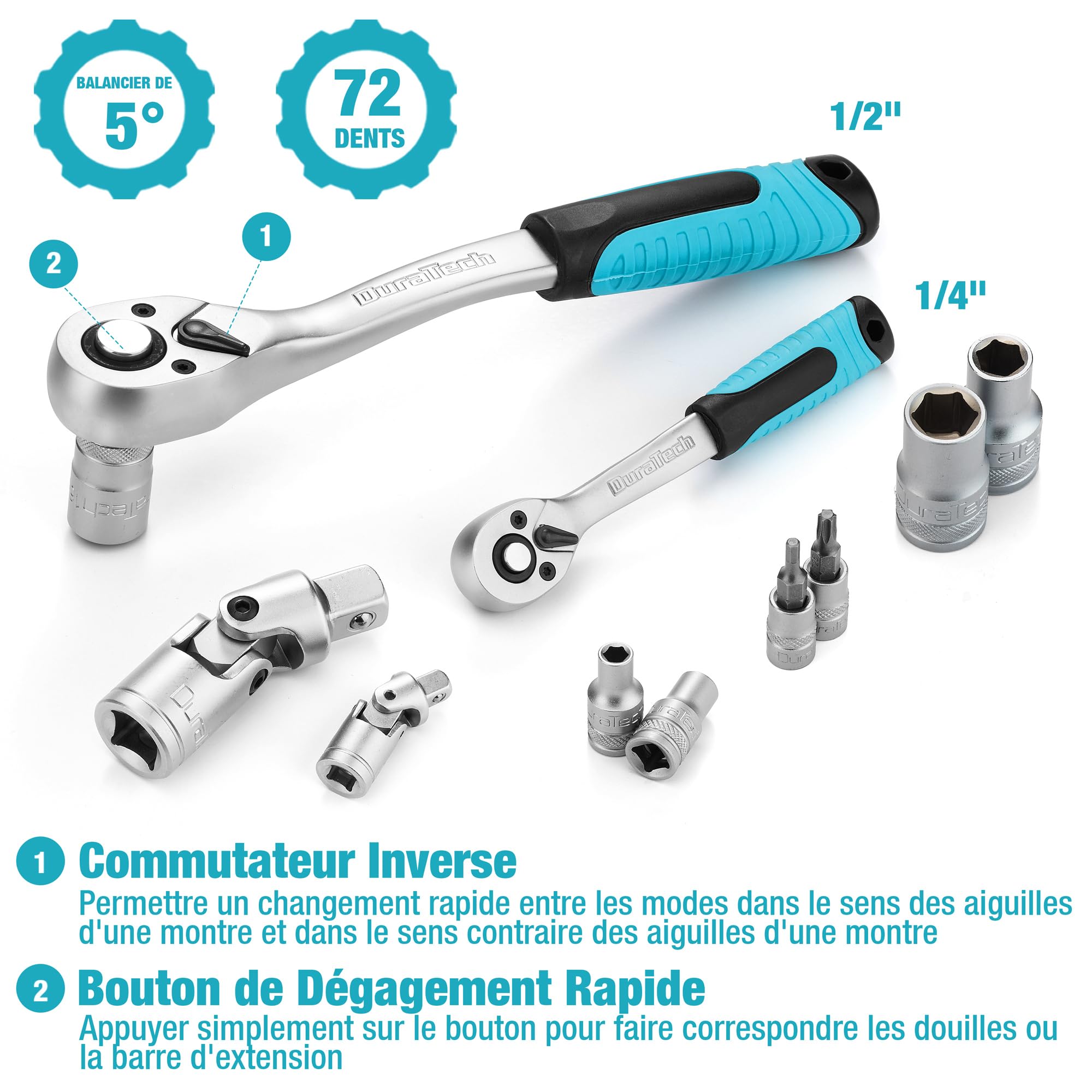 DURATECH Coffret de Douilles Embouts et Clés à Cliquet 108 pièces | Cliquet Réversible 1/2" et 1/4", Rallonges, Embouts, Douilles, Acier au Chrome-vanadium, pour Réparation Voiture