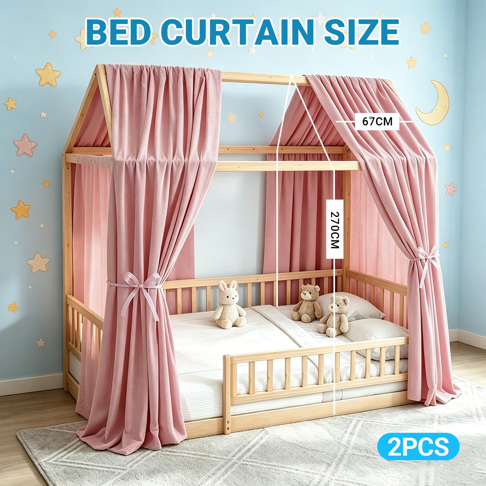 Ciel de Lit Cabane avec 2 Pièces Rideaux Lit-Cabane Enfant, Rideau Lit Cabane, Baldaquin Style Cottage, Baldaquin Ciel en Tissu de Maison Chambre pour Fille Garçon 67 x 270 cm (Rose)
