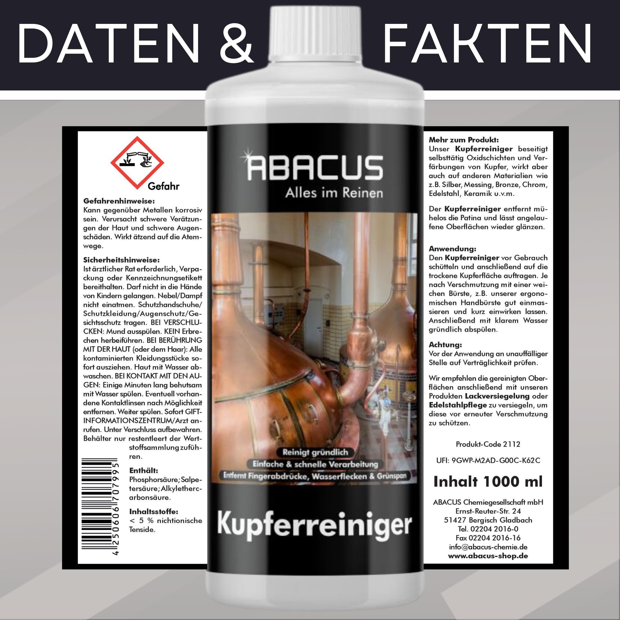 ABACUS® Kupferreiniger - Effektive Reinigung für Kupfergeschirr, Kupferutensilien, Silber, Messing, Edelstahl, Münzen und Keramik mit Sofortwirkung - Kupferbeize mit hoher Reinigungseffizienz 2x1000ml