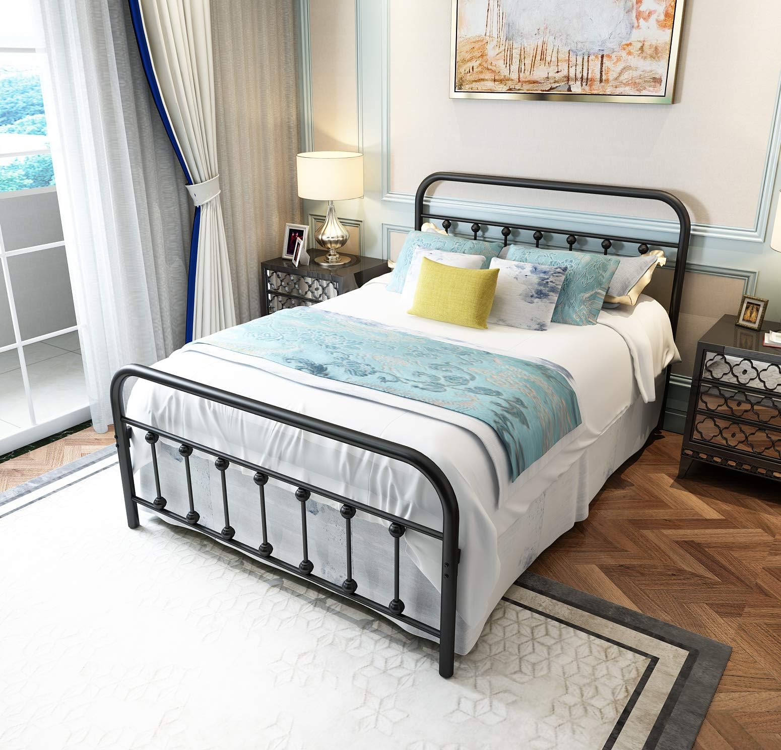 TEMMER Metal Bed Frame Full Size with Headboard and Footboard Single Platform Mattress Base,Metal Tube and Iron-Art Bed（Full, Black）