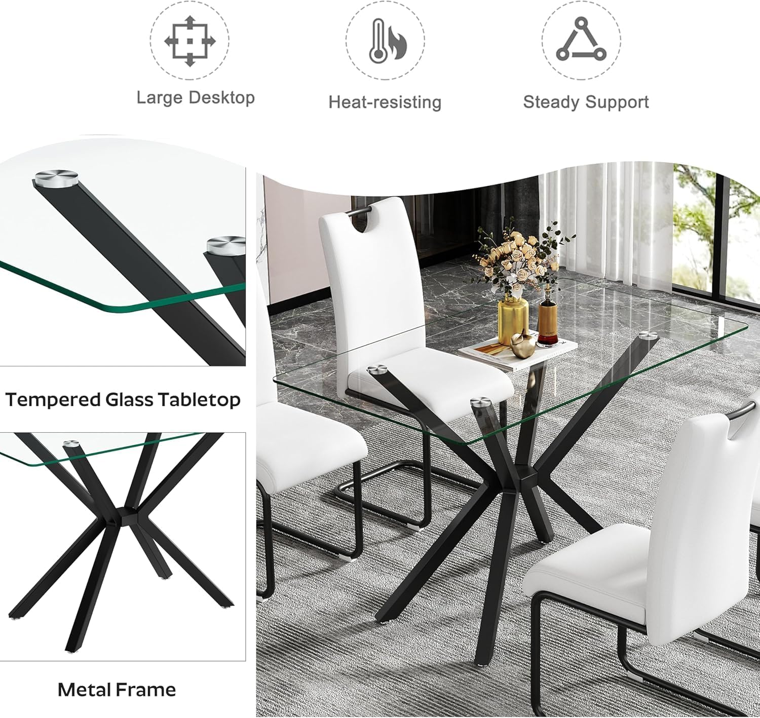 5 Pieces Modern Luxury Glass Dining Set, Minimalist Rectangle Dinner Room Set for 4, 47'' Clear Glass Top Kitchen Table Set with Black Base, Black Woven Chairs, for Small Apartment Tea