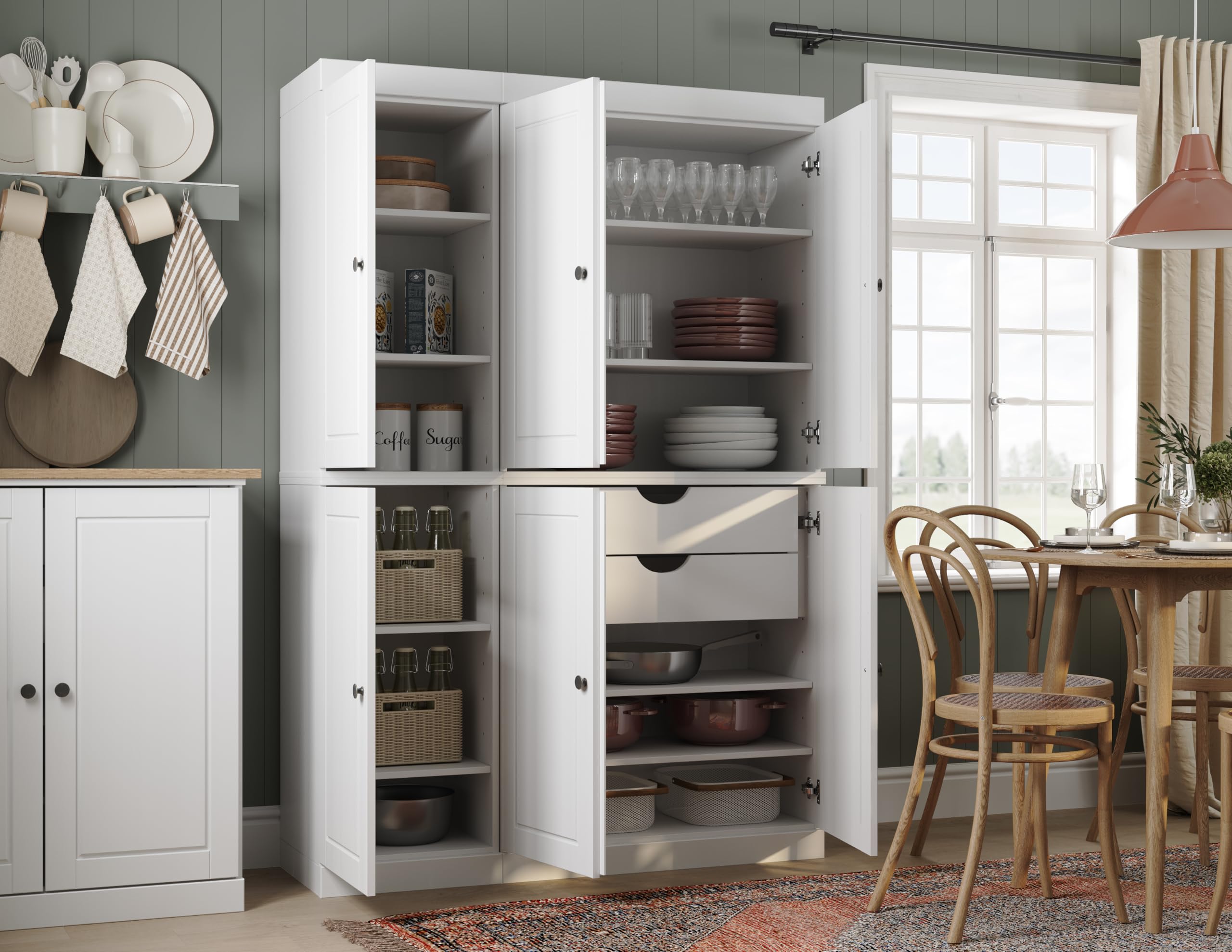 Palace Imports Solid Wood Kitchen Pantry Cabinet - 71.5" Tall x 48.5" Wide - Freestanding Storage Pantry w/ 2-Drawer Kit & Adjustable Shelves - White,