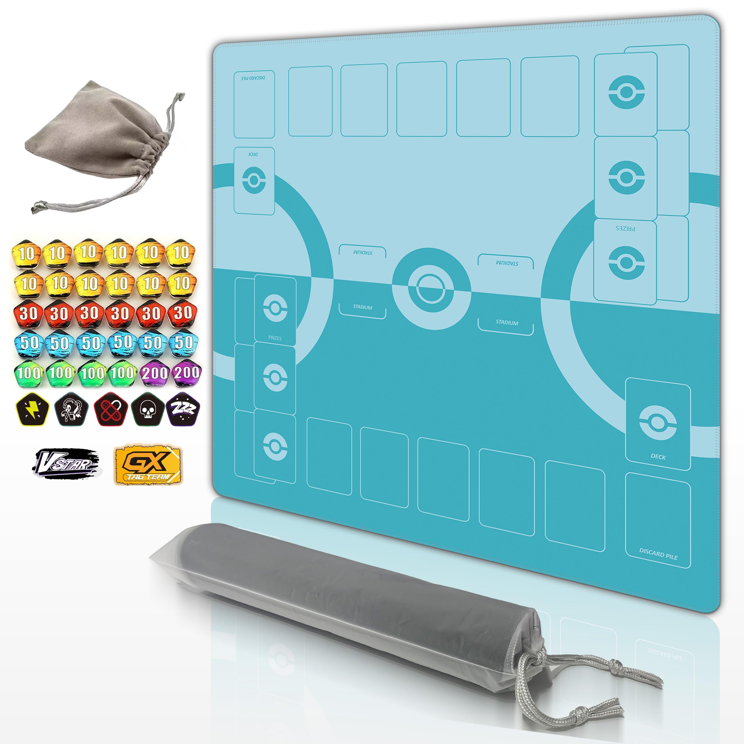 GuarditechProX Trading Card Game Playmat – 2-Player Trainer Mat with 37 Damage Counters and Professional Storage Bag (Blue)