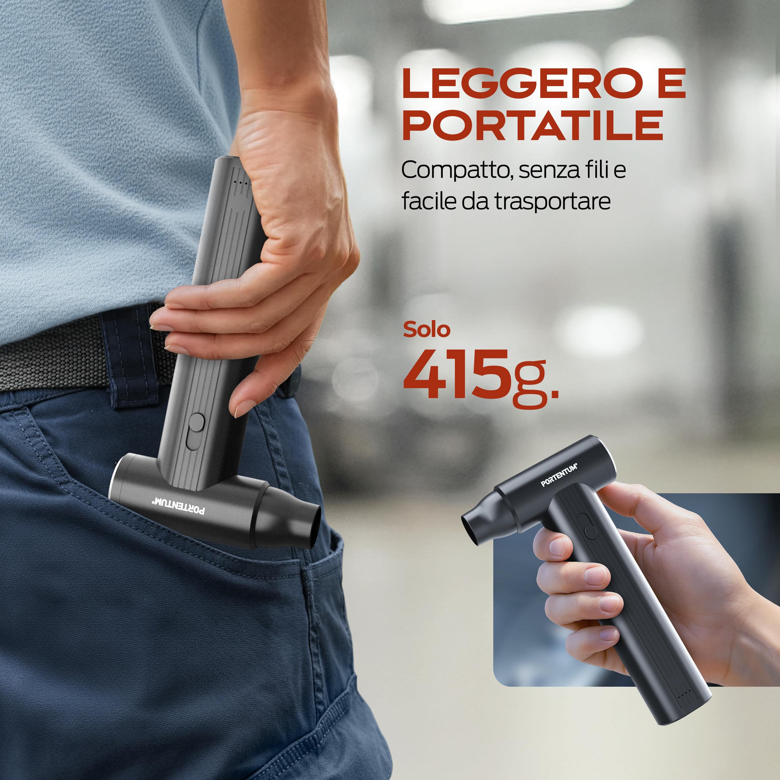 PORTENTUM 2 in 1 Mini Aspirabriciole senza fili 25 kPa – Batteria 10000 mAh fino a 135 min USB-C – Aria compressa elettrico 180 km/h brushless – Aspirapolvere auto a velocità regolabile – Set da 11