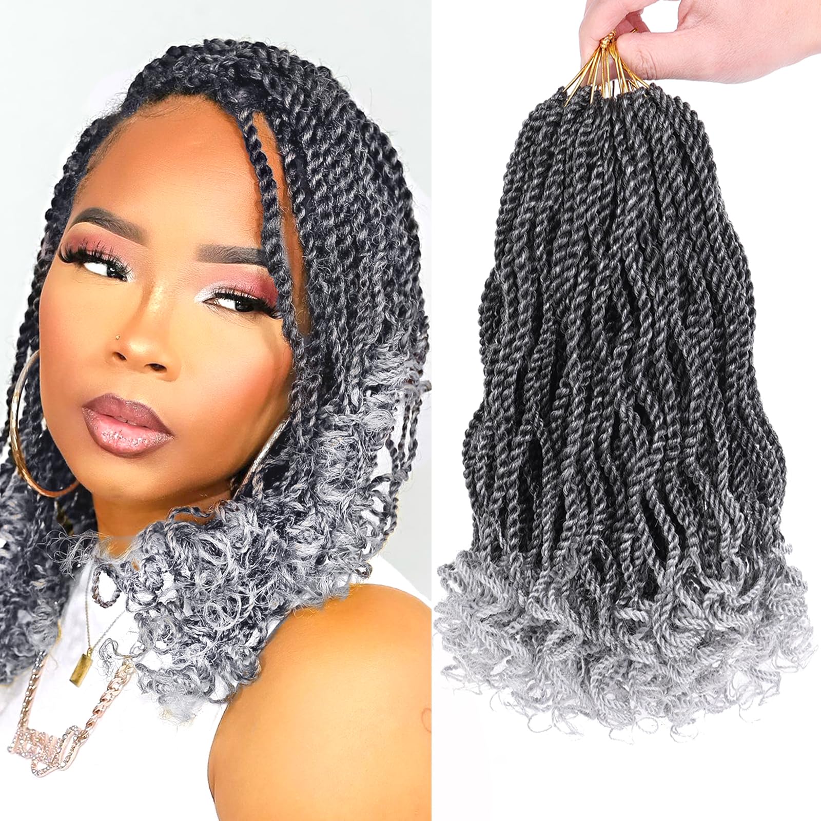 Leeven 12 Inch Wavy Senegalese Twist Crochet Hair 8 Packs Ombre Grey Pre Looped Short Micro Twist with Curly Ends, Small Hanava Twist, Synthetic