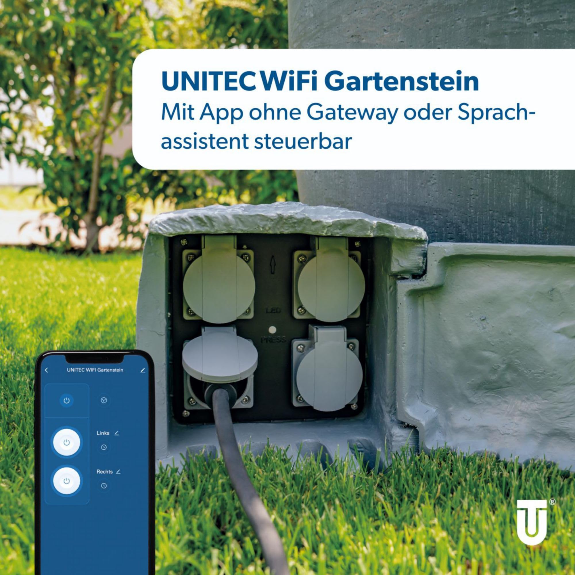 UNITEC Rozdzielacz gniazd wtykowych WiFi do ogrodu o wyglądzie kamienia, gniazdko ogrodowe, gniazdko zewnętrzne, IP 44, 4 gniazda, kostki