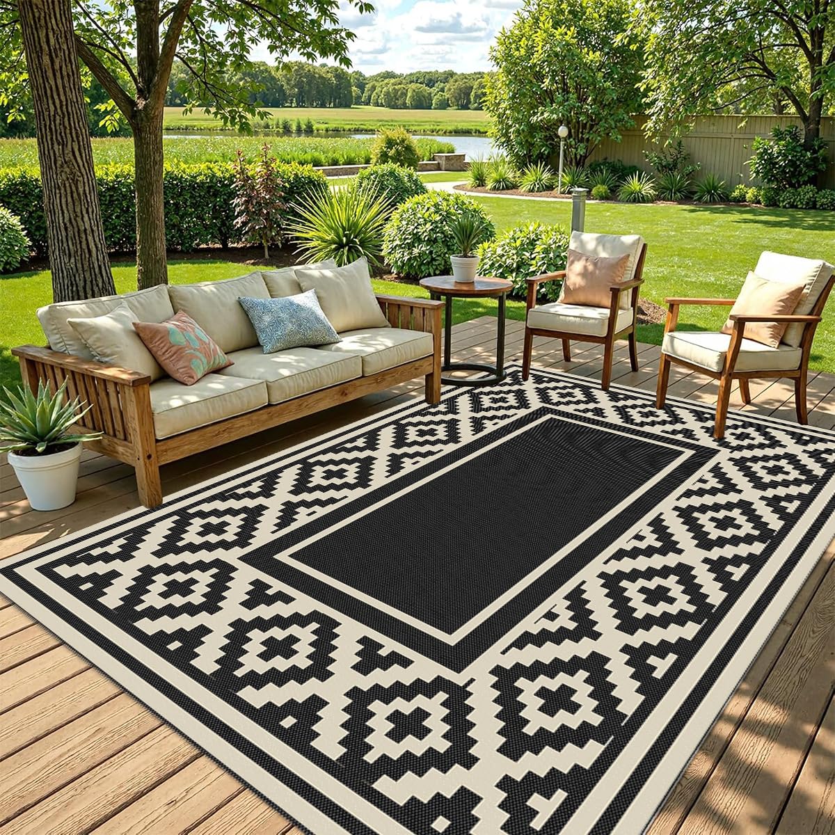Hiseng Tapis d'extérieur Imperméable Terrasse Balcon, Tapis de Sol Réversible Géométrie Noire en Plastique Résistant aux Intempéries aux UV pour Jardin, Camping, Pique-Nique (Noire,183x274cm)