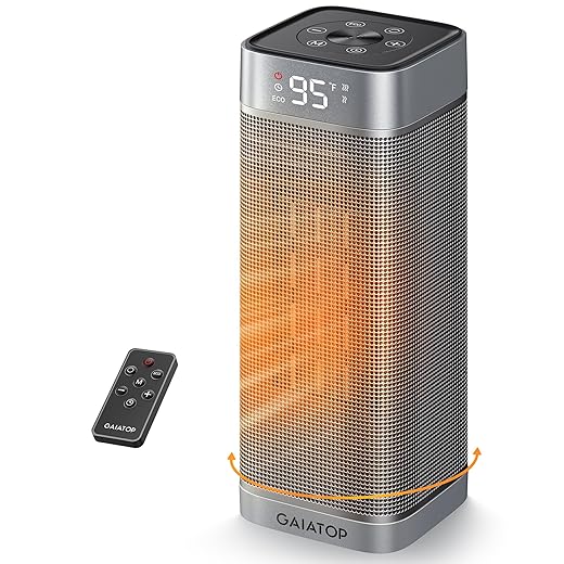 Gaiatop Space Heaters for Indoor Use, Portable Electric Heater with Thermostat, 1500W PTC Ceramic Room Heater with Remote, 5 Modes, 60° Oscillating, 12H Timer Fast Heating Bedroom Office Bathroom Home