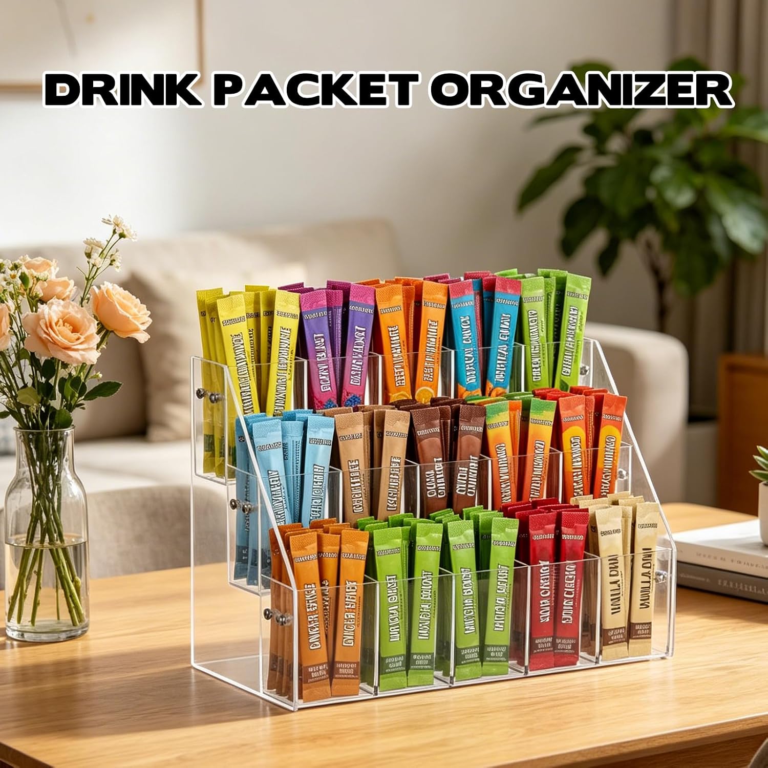 2 Pack Drink Packet Organizer with 30 Compartments, 3-Tier Water Packet Organizer for Water Flavor Drink Mix and Coffee Packets Acrylic Sugar Packets Holder for Countertop Table Cabinet Kitchen