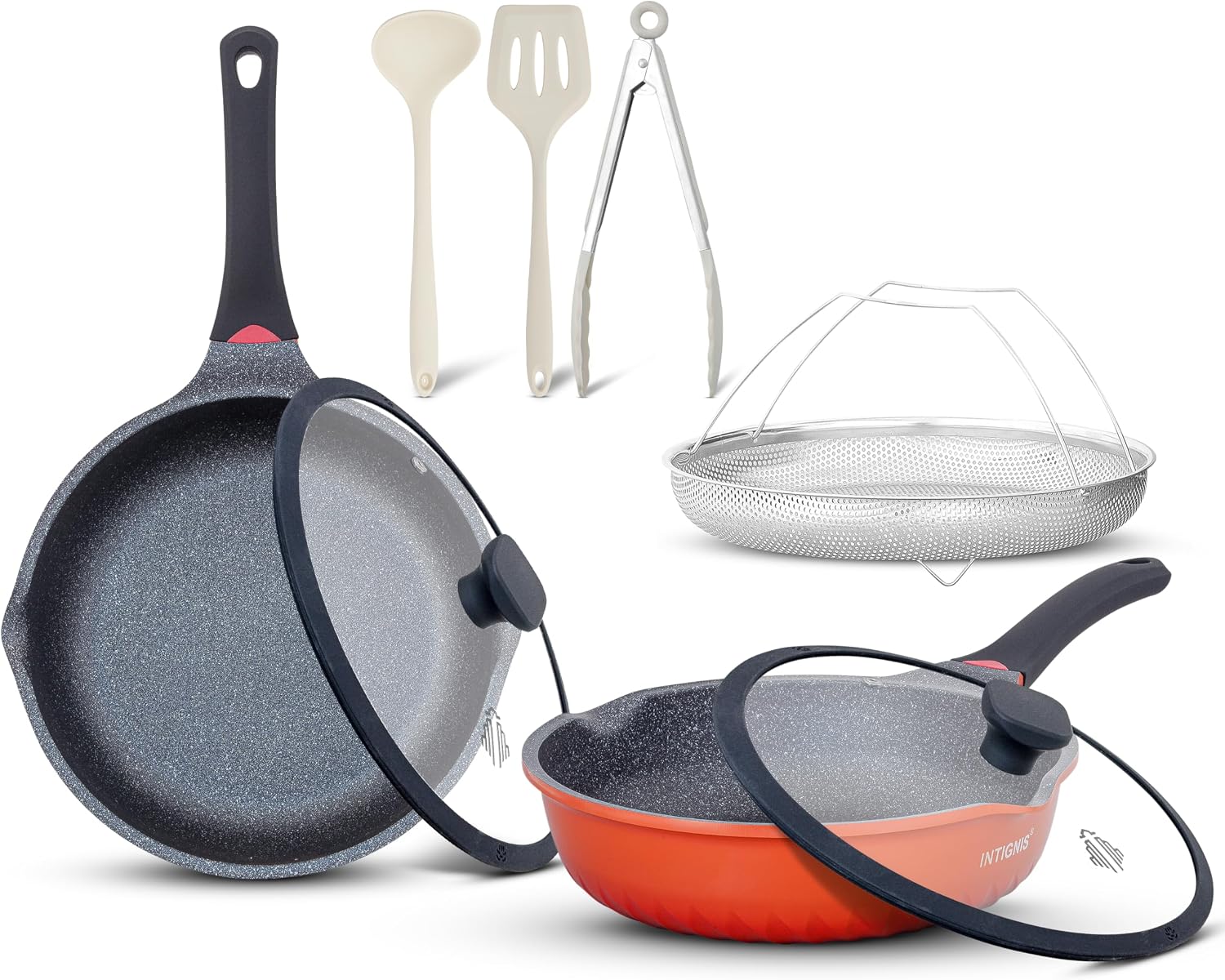 INTIGNIS® 10-Piece Non-Stick Cookware Set – Deep Frying Pans (28cm + 30cm), GREBLON® Ceramic Coating, Induction Compatible, Anti-Scratch Aluminium, Heat-Sensor Handle, Utensils