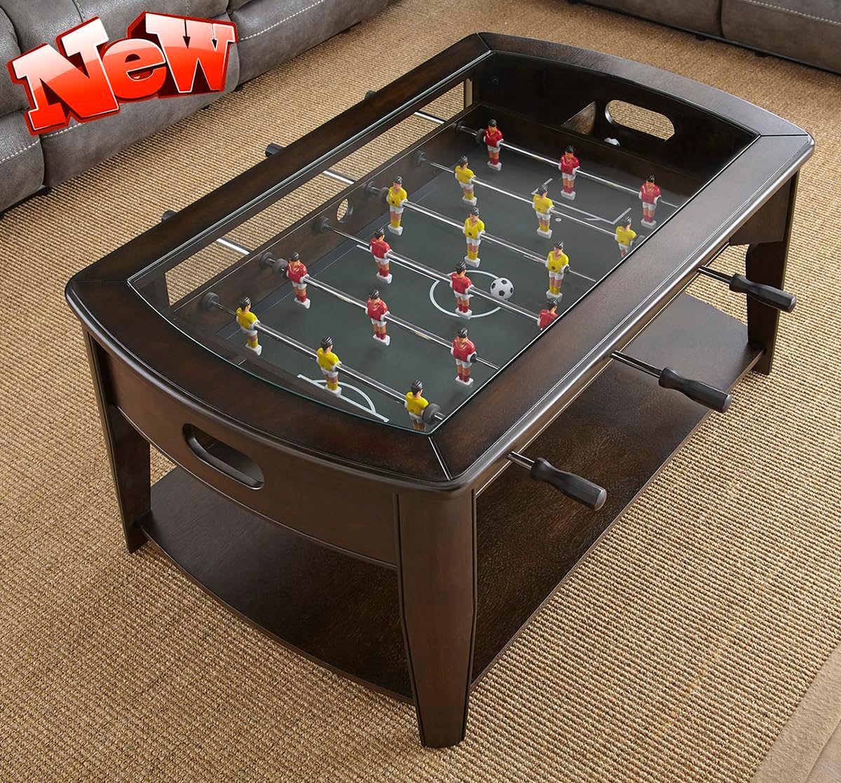 Updated Version 45" L Foosball Coffee Table with Tempered Glass for Living Room, Multi-Functional Soccer Balls Foosball Game Cocktail Tables with Storage Shelf, Locking Wheels, Cherry