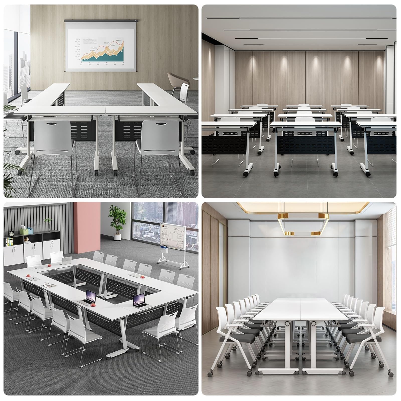 Konferenzraumtisch - Klappbarer Konferenztisch, Konferenzraumtisch mit geräuschlosen Feststellrollen, zusammenklappbarer mobiler Schulungstisch mit Klappplatte, weißer Bürokonferenztisch (Fa