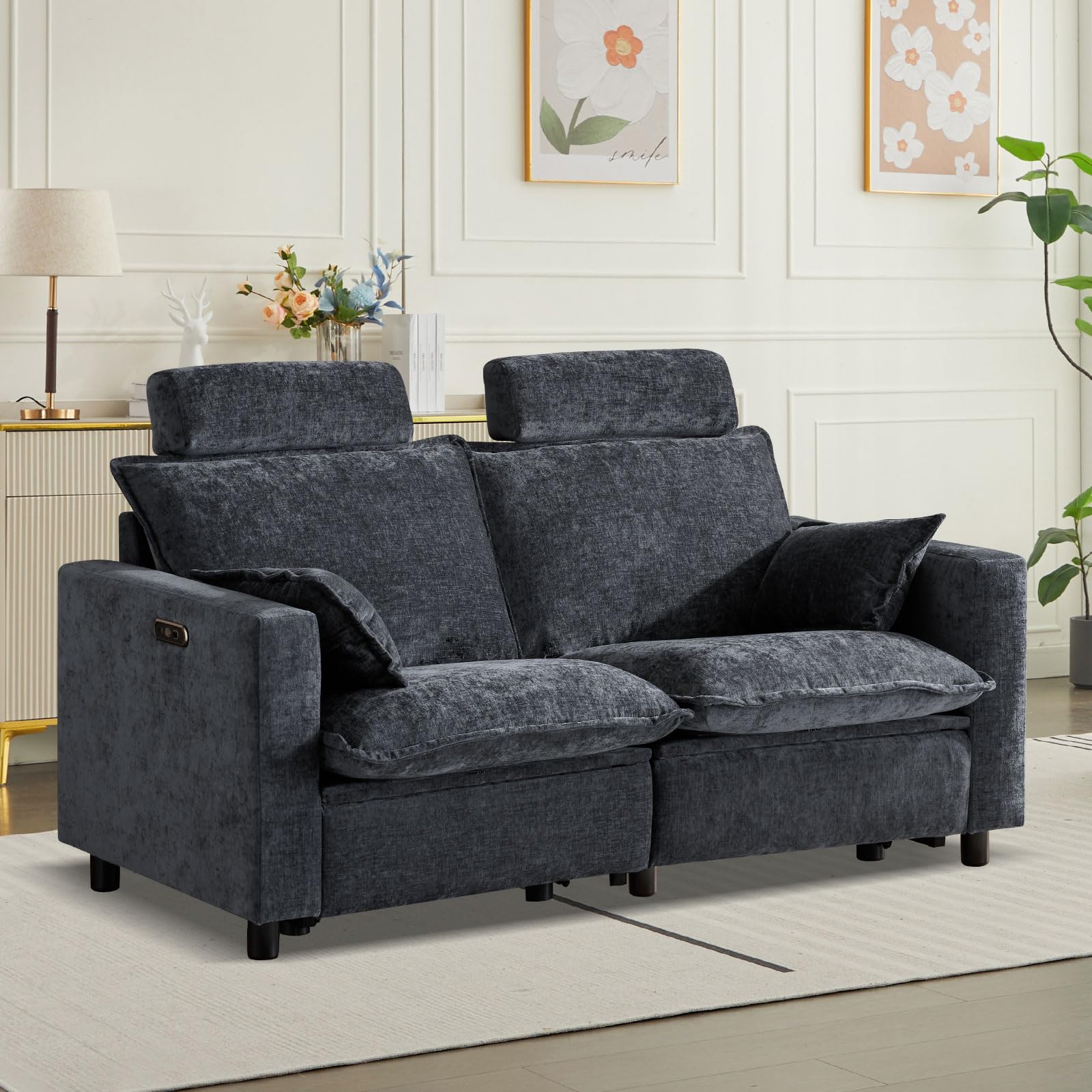 Consofa Power Reclining Loveseat with Adjustable Headrest, Power Loveseat Recliner Sofa with USB&Type-C Ports, 2 Pillows, Wall Hugger Comfy Cloud