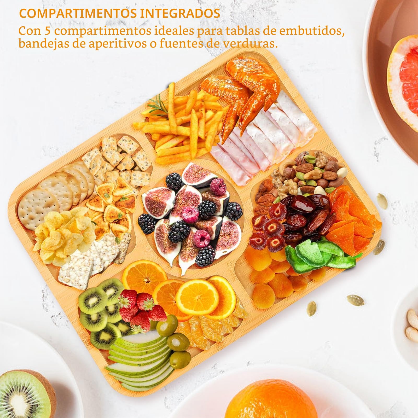 Tefola Bandeja para servir dividida, organizador portátil, 5 compartimentos, tabla con tapa transparente y asa, caja de aperitivos, organizador de charcutería y platos de aperitivos a prueba de fugas