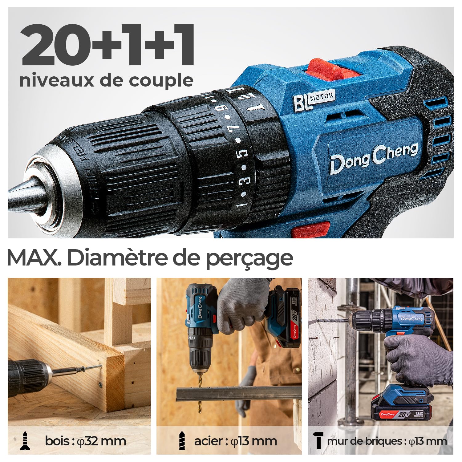 Dong Cheng Perceuse à percussion sans fil 20V 50Nm, Perceuse visseuse à percussion batteries 2x2,0Ah, 20+3 niveaux de couple, moteur sans charbon, mandrin de 13mm, 2 vitesses, chargeur, LED