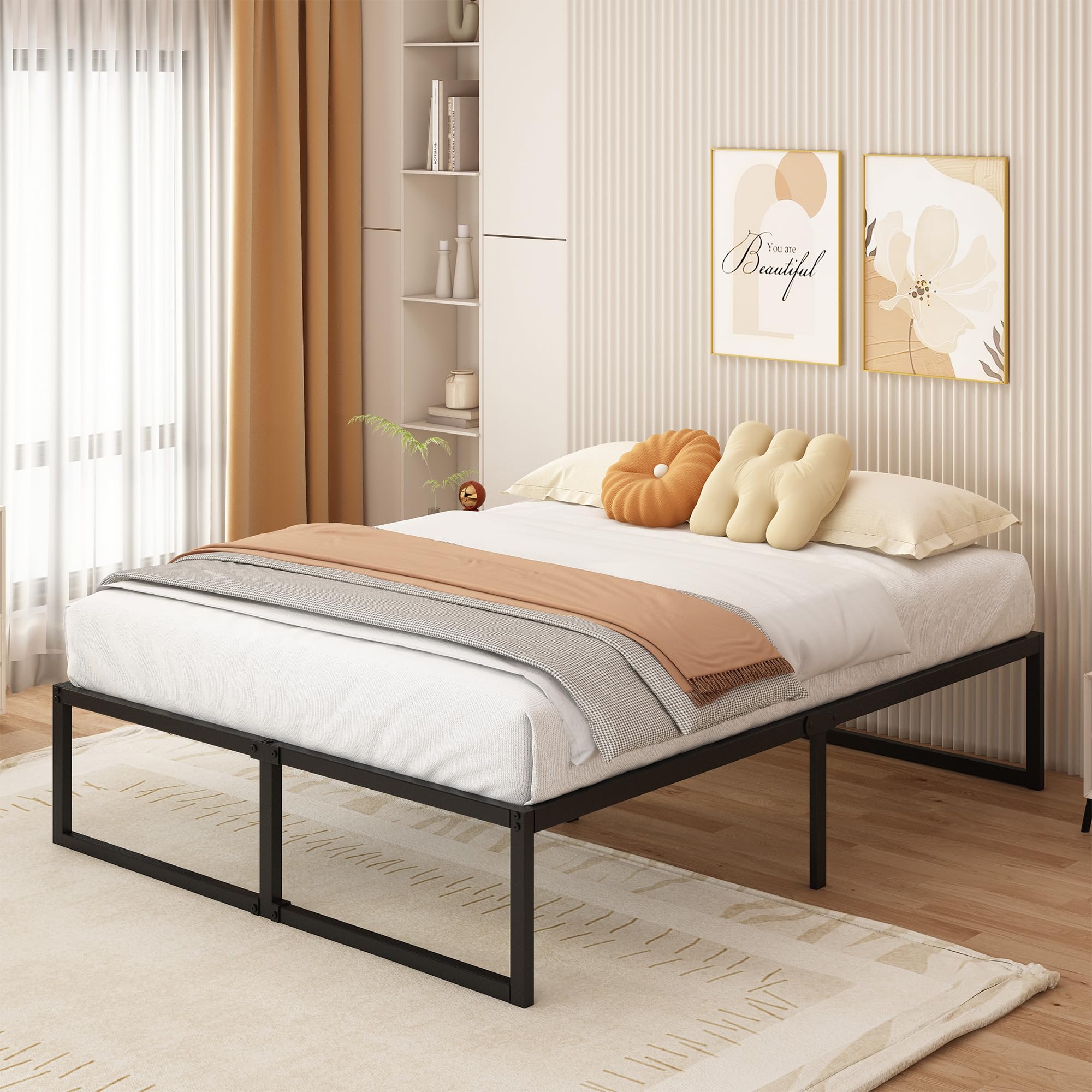 Yicensen Petit Cadre de Lit Double 120 x 190 cm, Lit Plateforme en Métal avec Support à Lattes en Acier, Montage Facile, sans Bruit, Pas Besoin de Sommier Tapissier, 41 cm de Haut, Noir