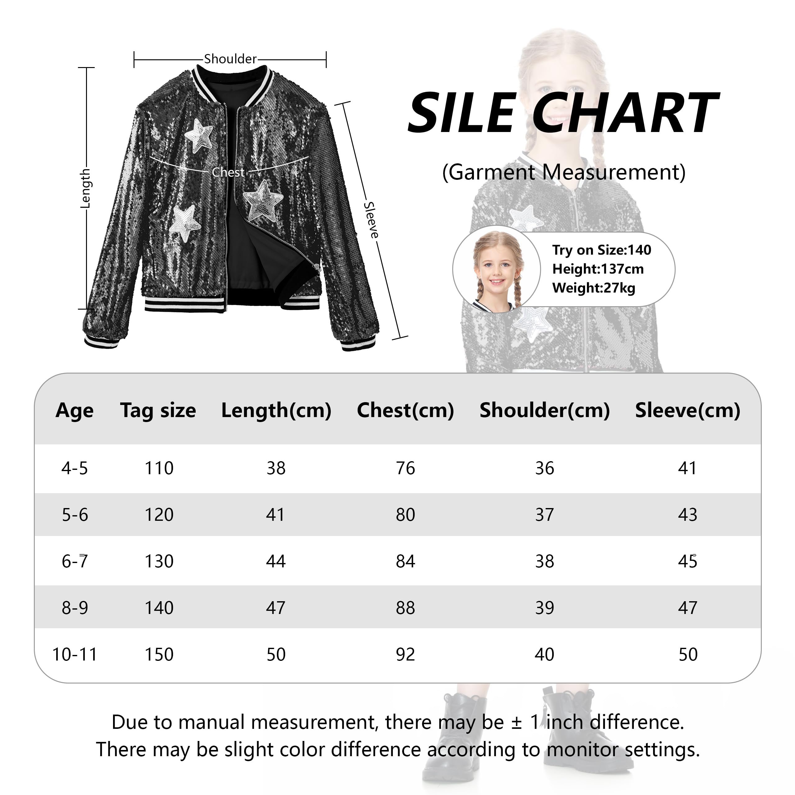 LOLANTA Niñas Lentejuelas Bomber Chaqueta con Bolsillos Cremallera Manga Larga Sparkle Béisbol Chaquetas para Niños 4-11 años