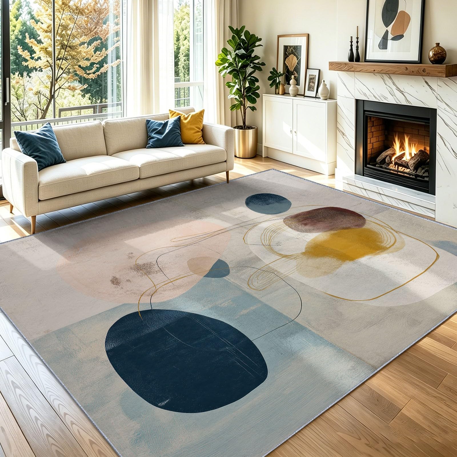 Lavable Tapis Salon 90 x 150 cm, Moderne Mode Abstrait Géométrique Tapis Antidérapant Poil Ras pour Chambre d'enfant, Bureau & Ados, Décoration Intérieure Tapis de Sol, Beige-Gris