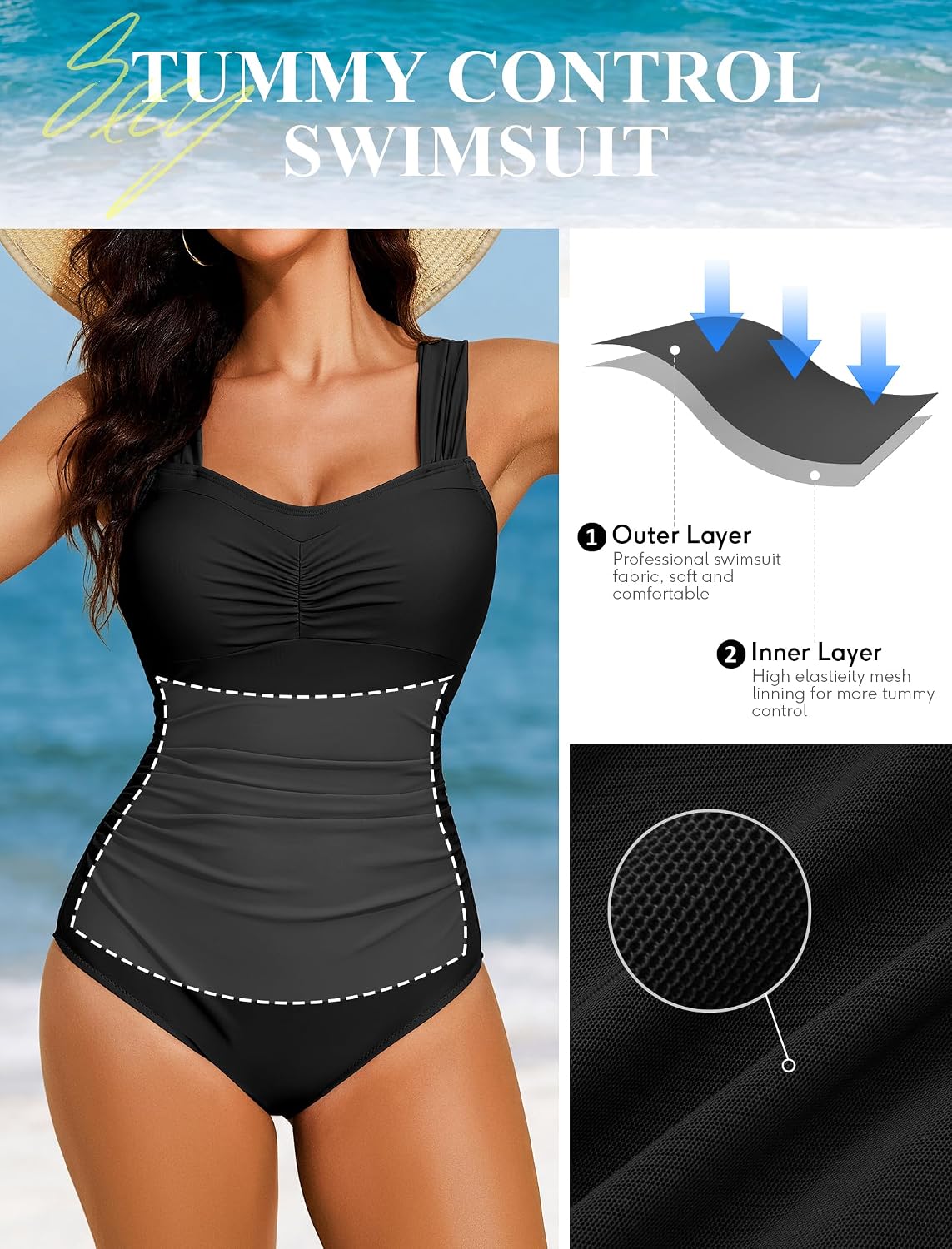 HUSKARY Womens One Piece Swimsuit Tummy Control Push Up Bathing Suits Ruched Full Coverage Slimming Swimwear