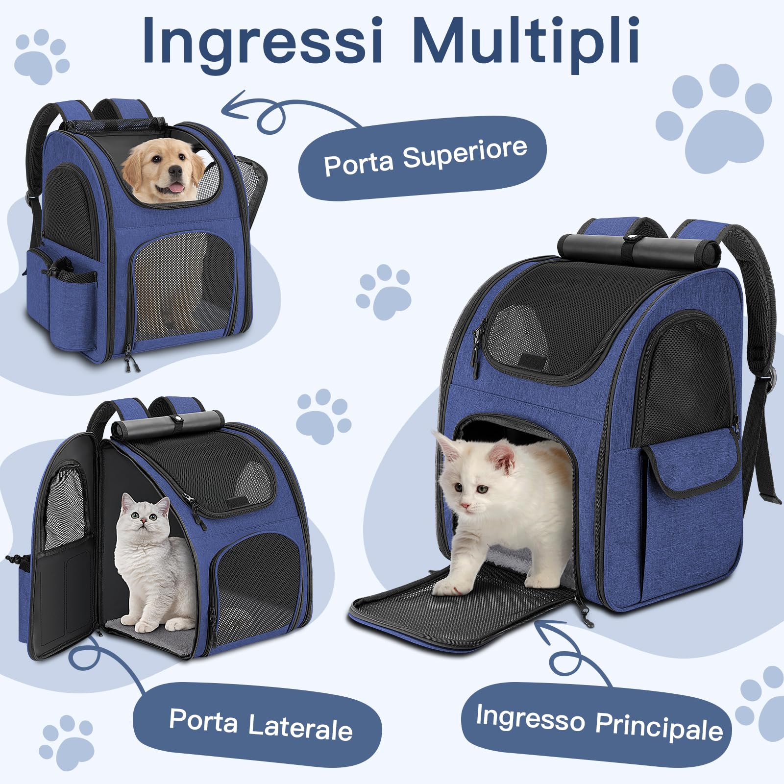 Zaino per Cani Gatti, Grande Zaino Gatto Cane 10 kg, Traspirante Zaino Porta Cane Gatto con Finestra a Rete, Zaino Trasportino Cani Gatto con Guinzaglio Interno e Tappetino per Viaggi - Blu