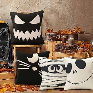 18x18'' Halloween Throw Pillow Covers Set of 4, Spooky Face Mummy Cat Square Couch Pillow Covers for Halloween Decorations...
