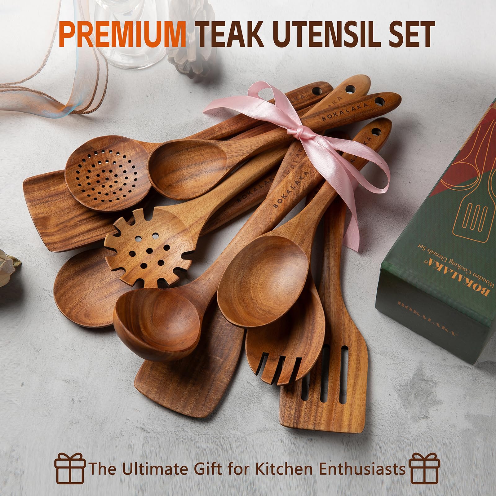 BOKALAKA Juego de 10 utensilios de cocina de madera de teca natural, espátulas y cucharas para cocinar