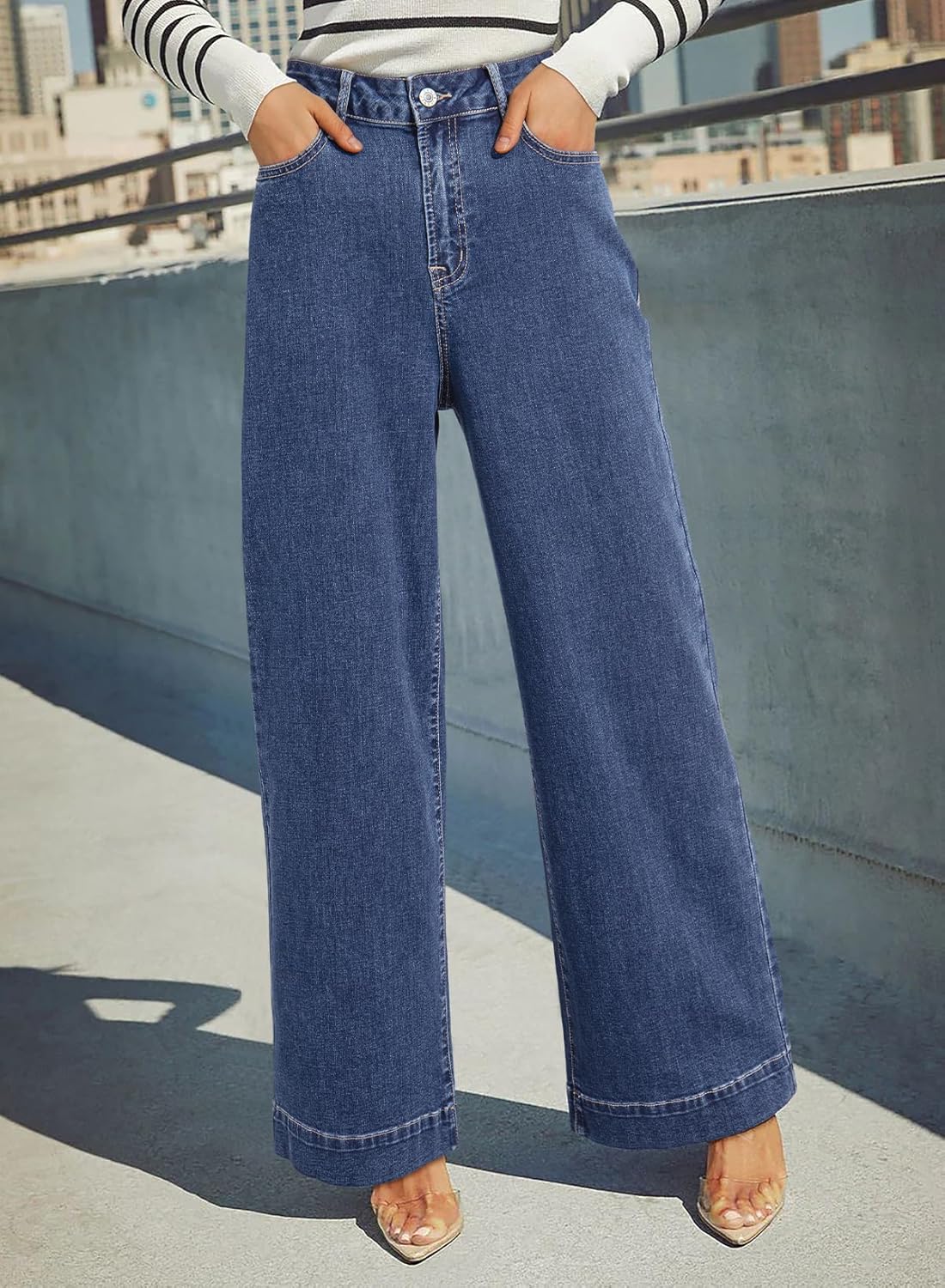 Dokotoo Women’s Casual High Waisted Jeans Stretch Wide Leg Loose Denim Pants with Pockets