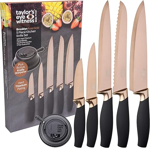 Taylors Eye Witness Juego de 5 cuchillos de cocina de regalo Brooklyn Rose Gold Color Bolsters, cuchillas afiladas recubiertas de titanio a juego.
