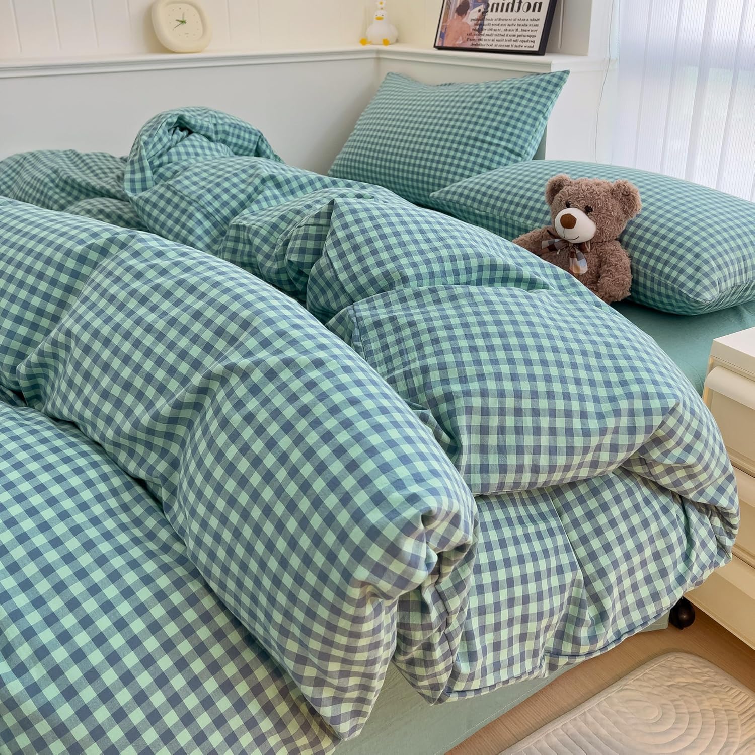 LifeTB Twin XL Comforter Set Green Gingham Comforter for Men Boys Geometric Plaid Comforter Set Fluffy Soft Plaid Gingham Bedding Set Green Blue Grid Checkered Pattern Comforter with 2 Pillowcases — image 1