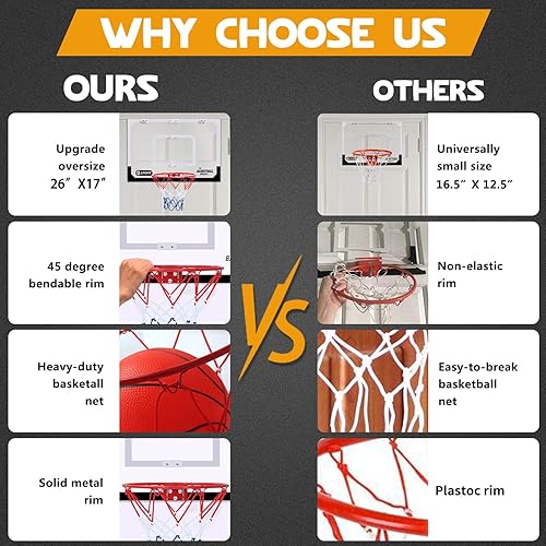 Miniatura 4 de Juego de aro de baloncesto mejorado, extra grande de 26 x 17 pulgadas, aro de baloncesto profesional para interiores para puerta y pared con 2