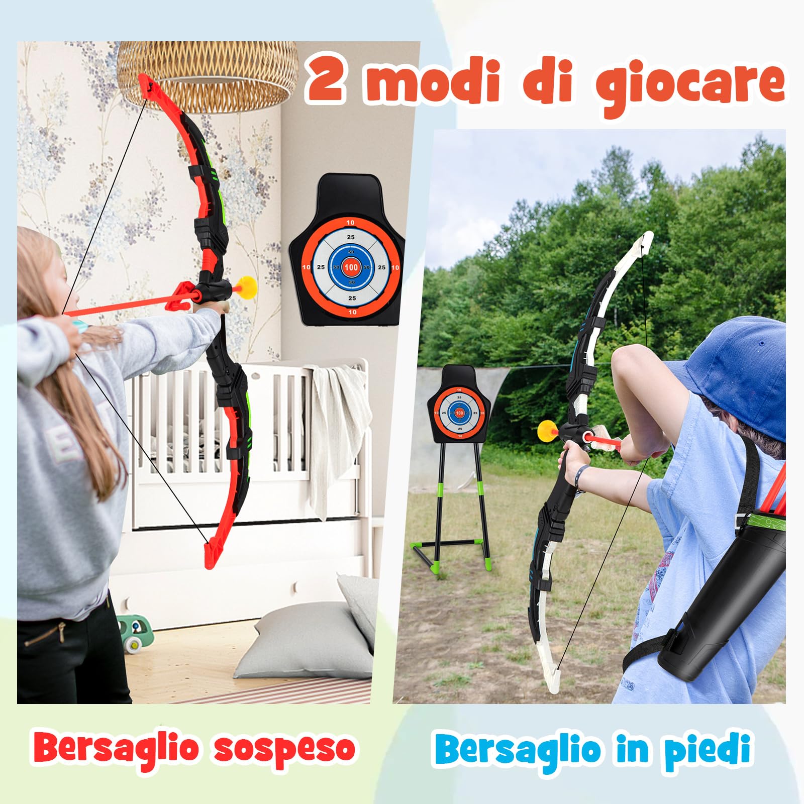 COSTWAY Set di 2 Archi e Frecce LED per Bambini con 20 Frecce a Ventosa