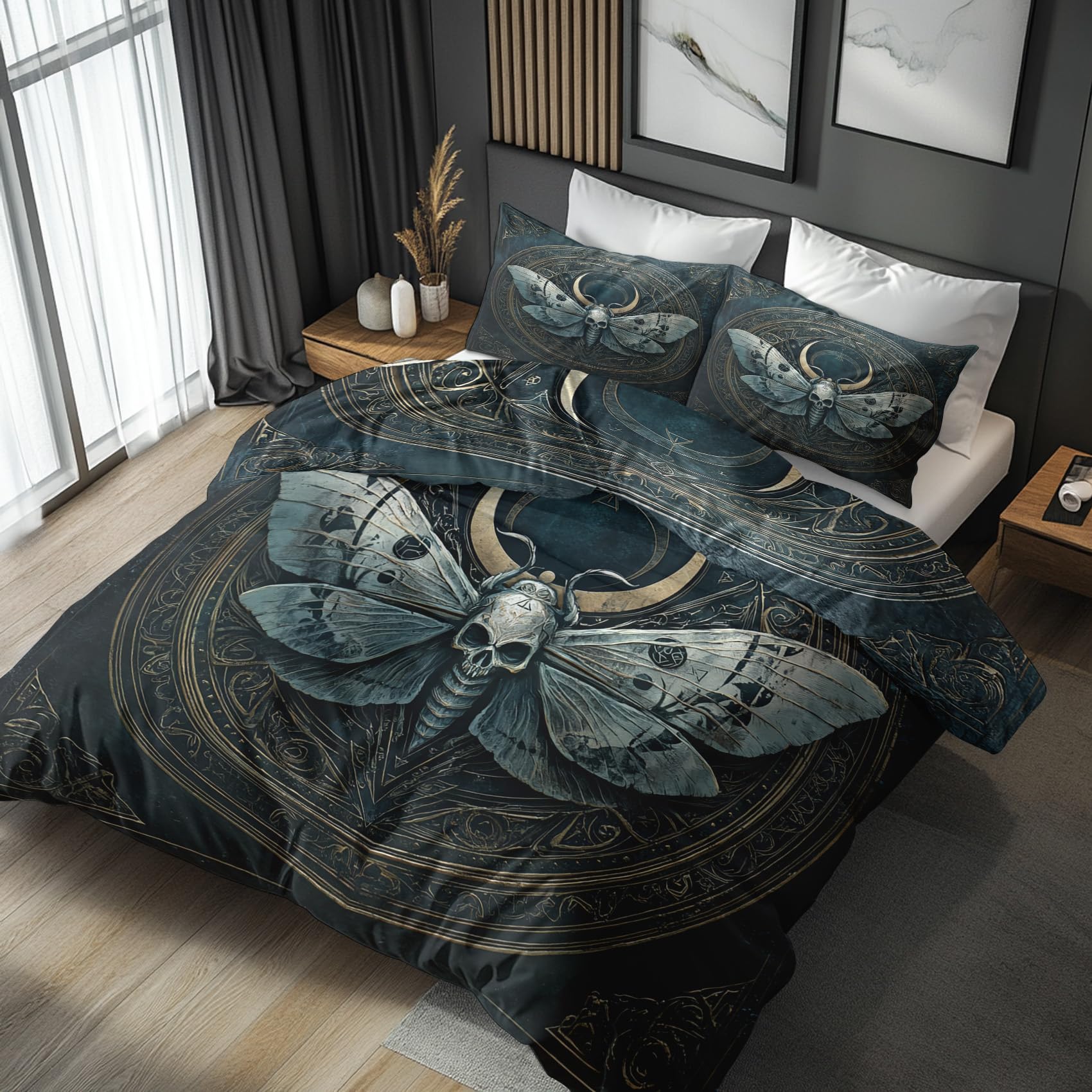 Nogawa Grey Gothic Moth Emperor Duvet Cover - Viking Bedding Set - Reversible Quilt Cover & 2 Pillowcases With Zip And Ties, Ultra Soft And Non Iron Brushed Microfibre Bed Set