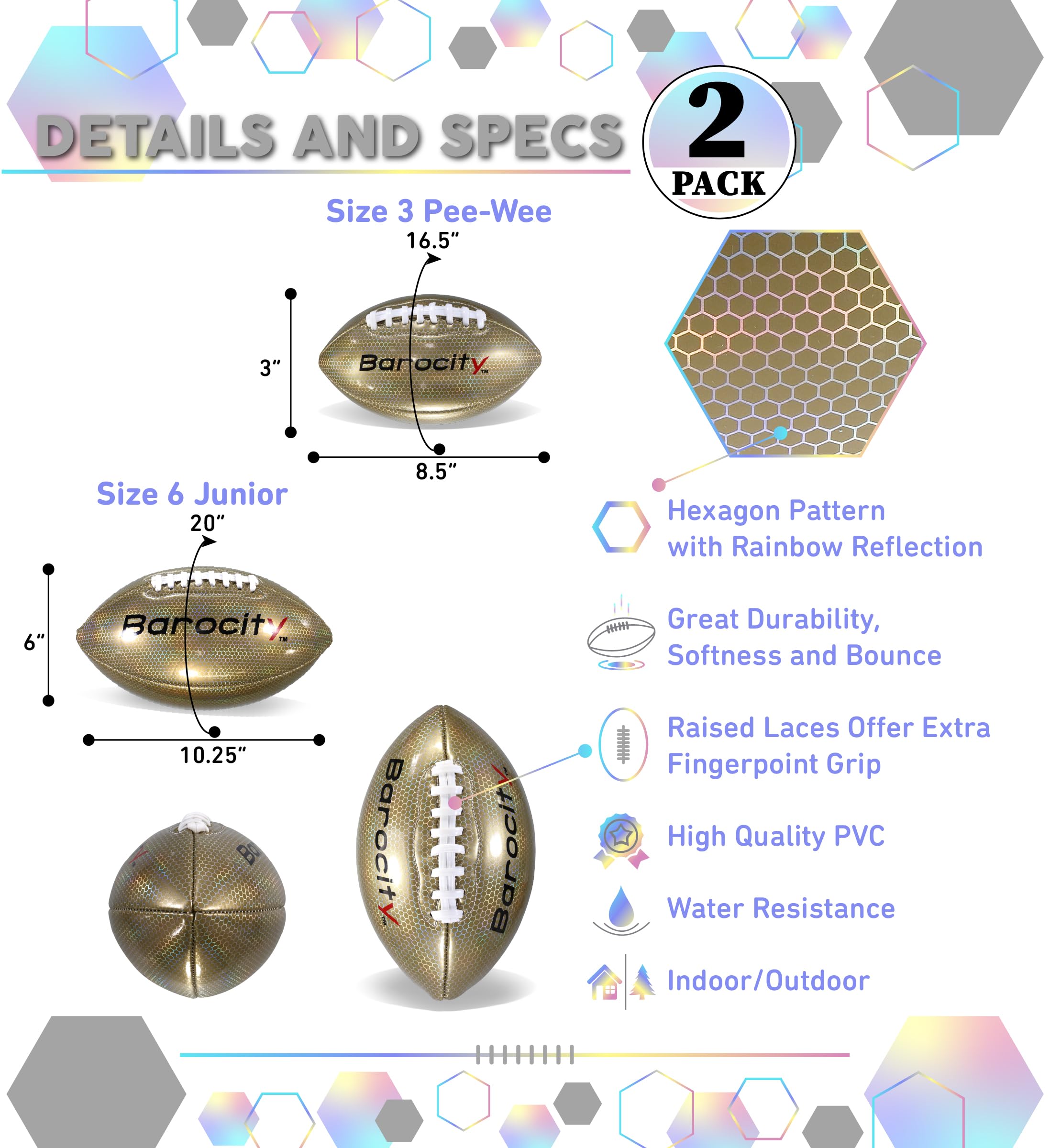 Barocity Footballs for Kids - Reflective Iridescent Rainbow Hex Pattern Boy and Girl Official Match Football for Indoor, Outdoor, Practice - 2 Training Balls Gold Size 3 and Size 6