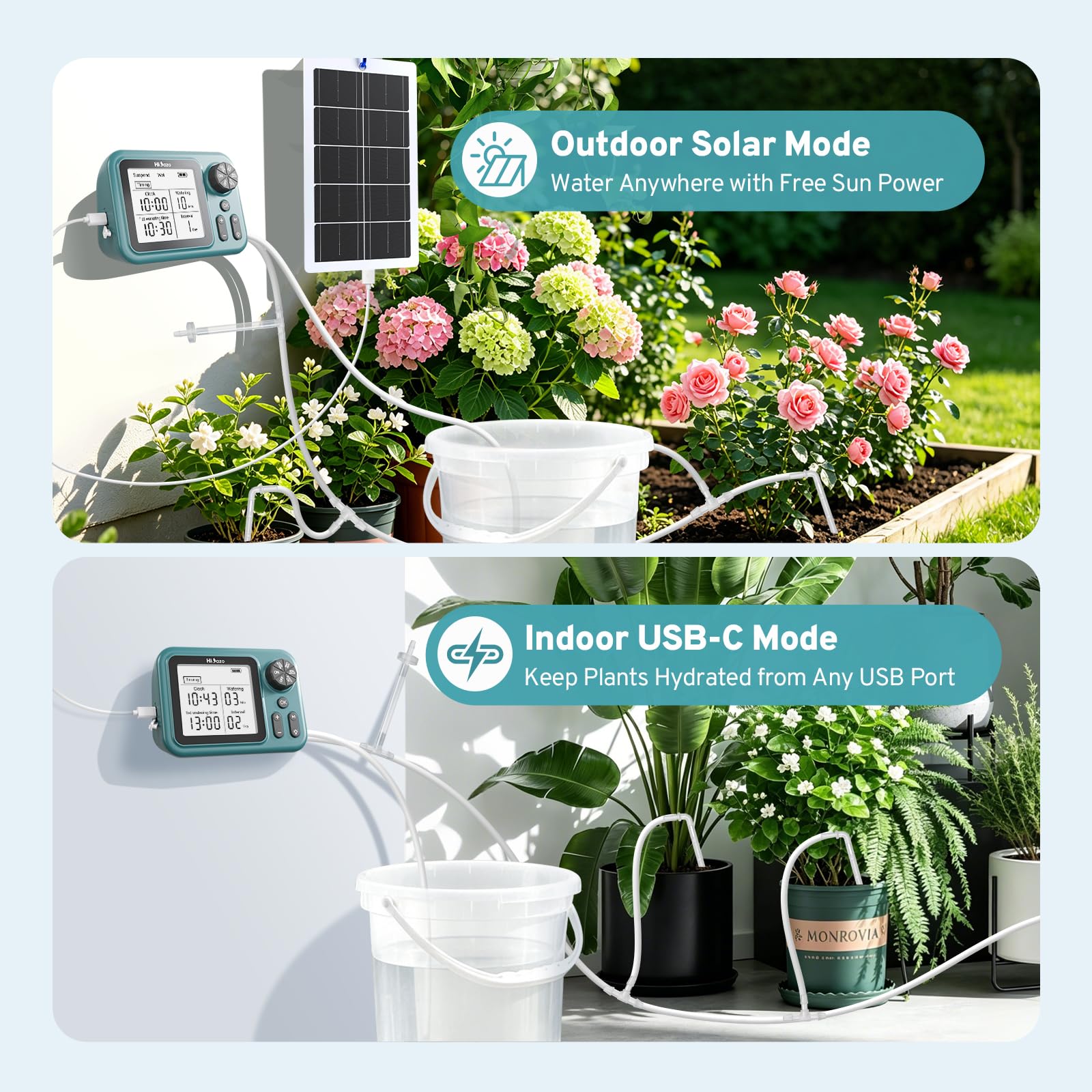 Kit di Irrigazione a Goccia Automatico con Pannello Solare 4W | Pompa 800ml/min per 15 Piante, Batteria 2000mAh, Display LCD 3.5" Programmabile, Valvola Antisifone, per balcone e giardino