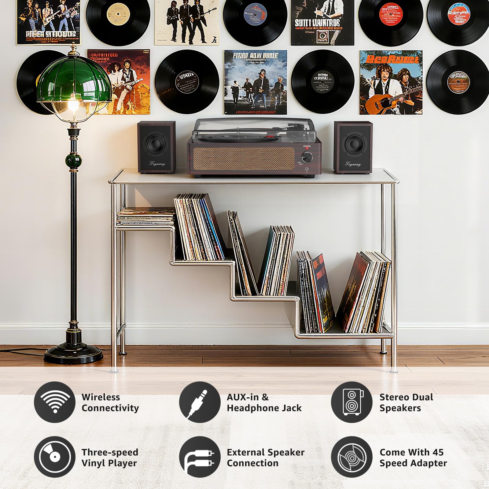 Trynnay Gramofon z pasywnymi głośnikami regałowymi, gramofon Bluetooth do płyt gramofonowych, 3 prędkości, bezprzewodowe wejście AUX, gniazdo słuchawkowe i funkcja automatycznego zatrzymania