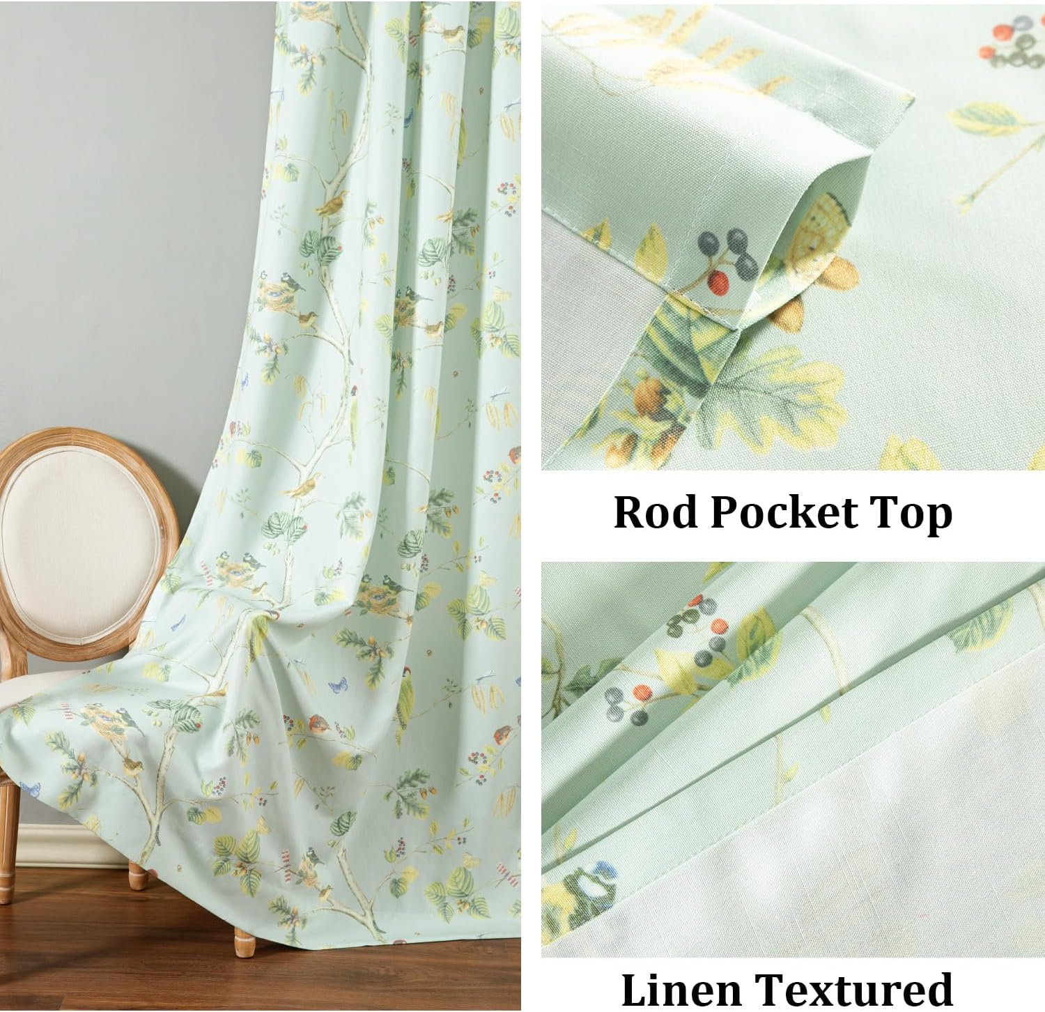 Leeva Blue Tones Window Curtain Panels for Living Room, Farmhouse Bird & Flower Print Decorative Prevent Glare Drapes 84 Inch Length, Rod Pocket Linen Curtains, One Piece, 52" x 84"