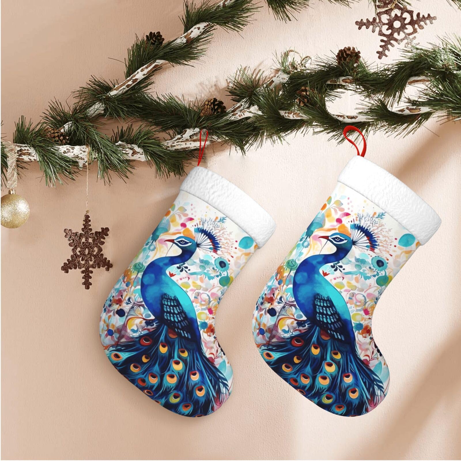 Color Peacock Christmas Stockings Velvet Xmas Fireplace Hanging Stocking with Plush Cuff Rustic Christmas Santa Stockings for Home Christmas Decorations Party Favor Supplies
