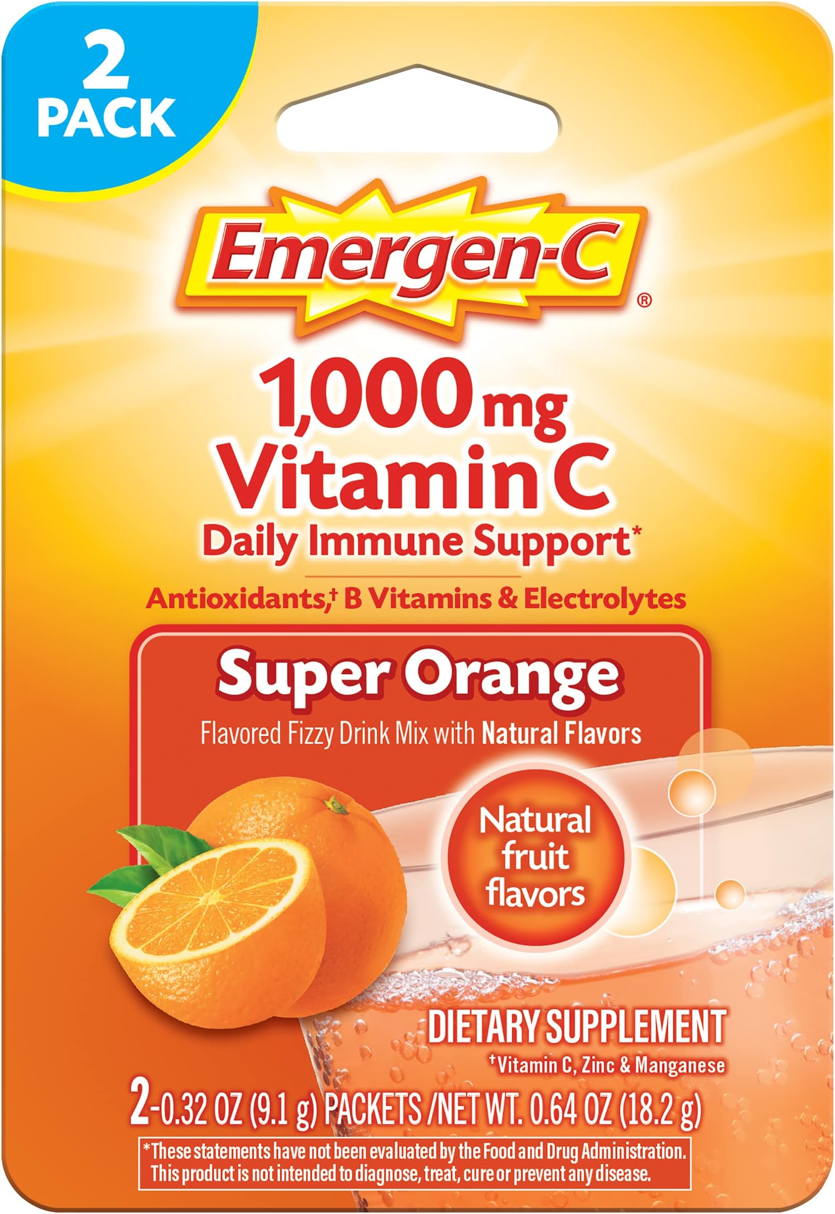 Emergen-C 1000mg Vitamin C Immune Support Powder Super Orange 2CT includes Zinc, Manganese, 7 B Vitamins and Electrolytes for Back to School Essentials