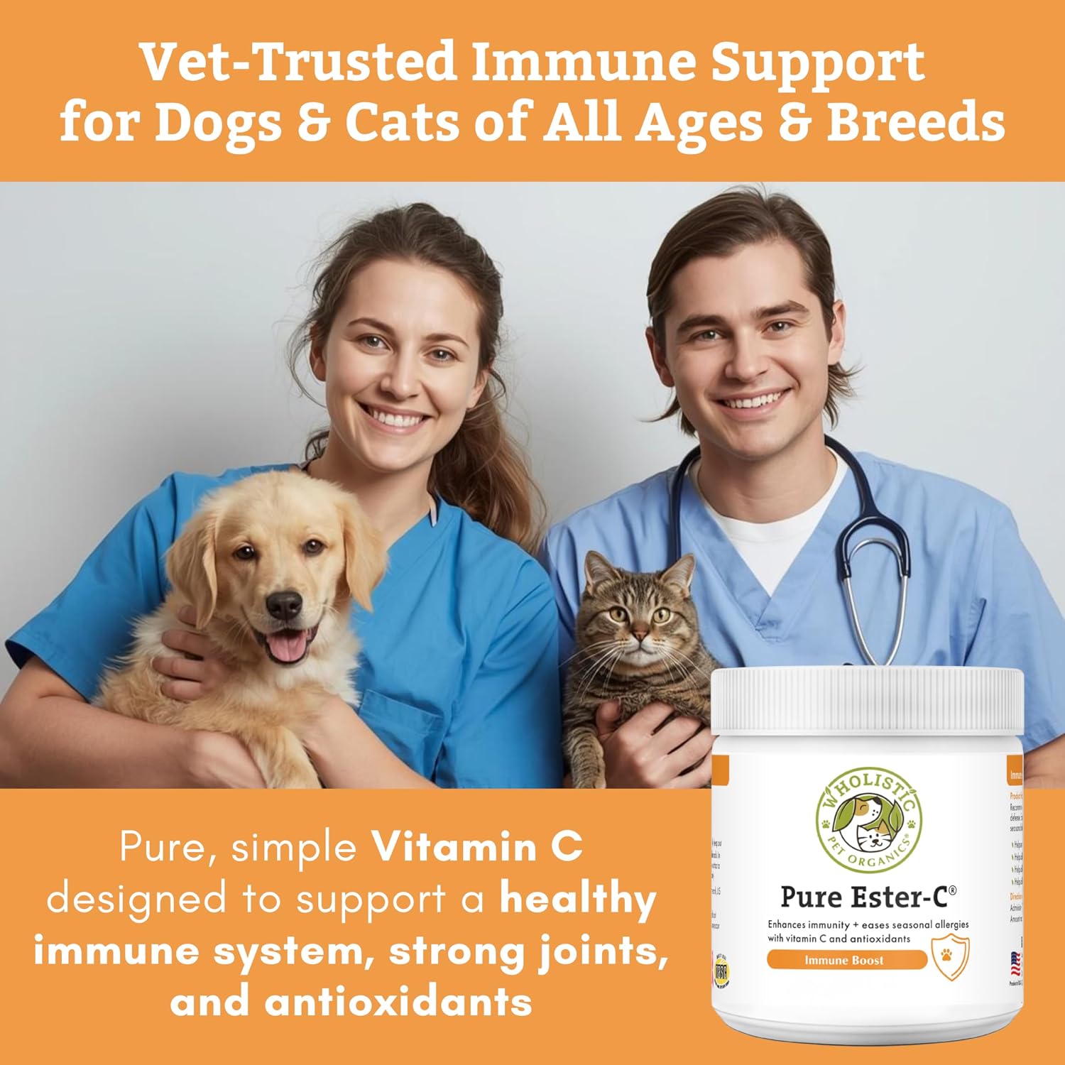 Wholistic Pet Organics Ester-C Powder for Dogs & Cats - Cat & Dog Allergy & Itch Relief - Vitamin C Immune Support Supplement - Itchy Skin Support for Seasonal Dog Allergy Relief - 2 oz - 57 Scoops