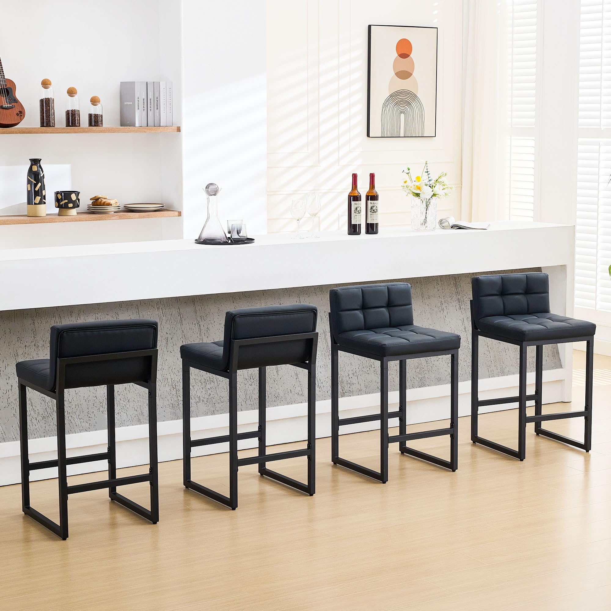 FIRAVOE Bar Stools Set of 4, PU Leather Counter Height Barstools with Low Back and Thickened Metal Legs, 26 Inch Modern Island Chairs for Kitchen Island, Bar, Counter (Black, 4Pcs 26" Counter Stools)