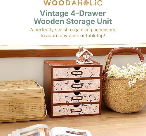 Miniatura 3 de Organizador de escritorio de madera con patrón de terrazo, almacenamiento de escritorio de 4 cajones, gabinete de madera moderno y rústico para