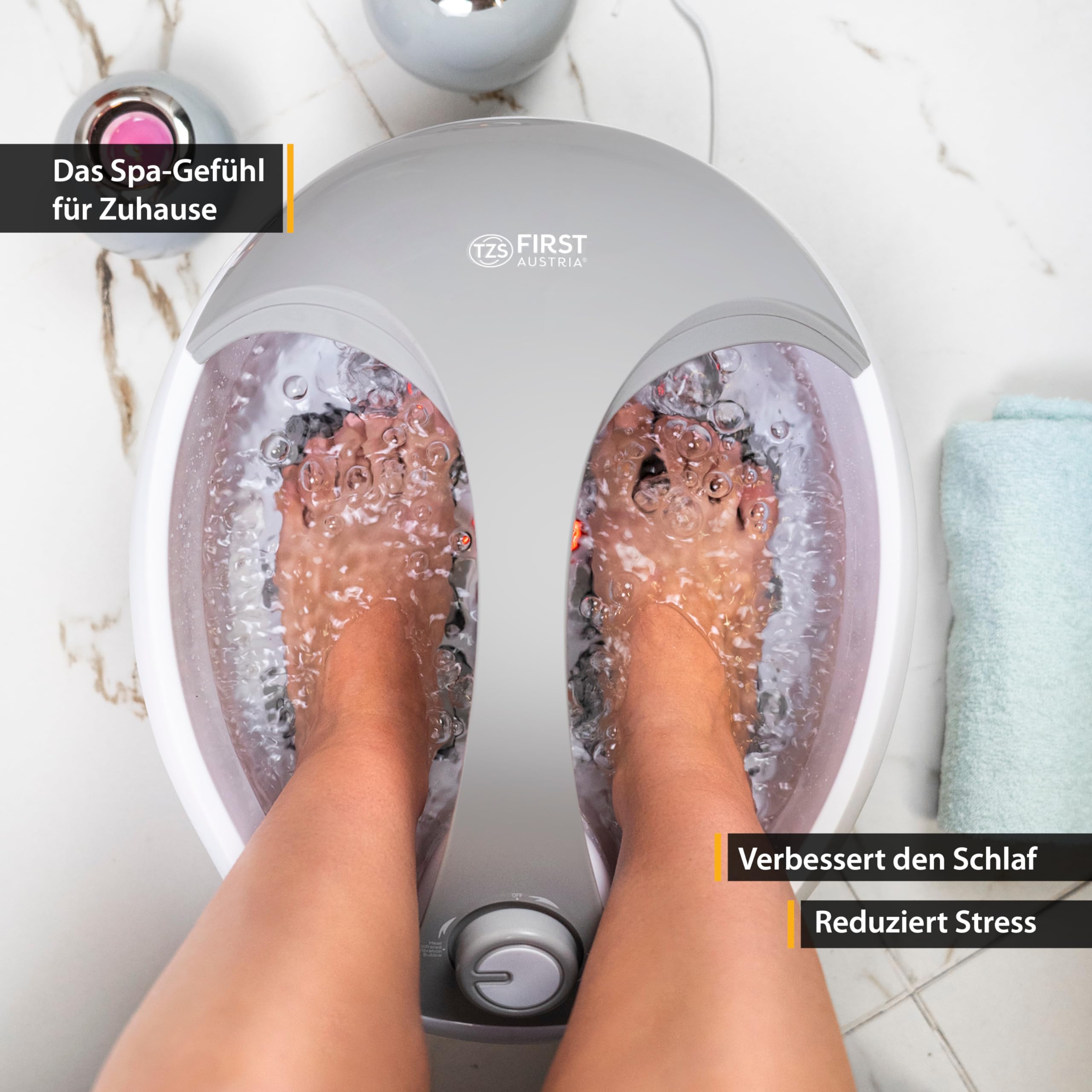 TZS First Austria - Fußbad mit Massagefunktion - 450W - 3 Einstellungen & 6 Massagerollen - Elektrisches Fußsprudelbad mit Heizfunktion - Griff & Aromabox