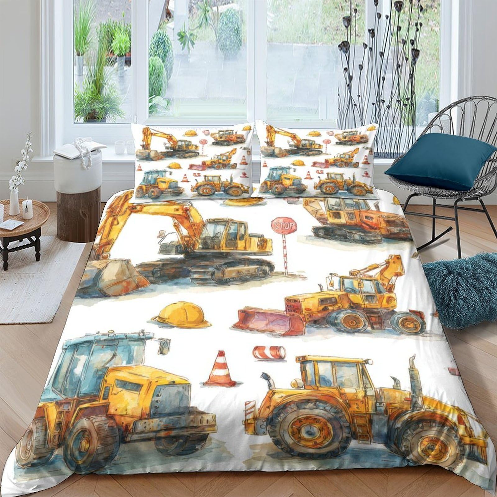 GPLZQXKJNH 3D Printed Construction Vehicles Duvet Cover Microfiber Soft Breathable Excavator Bedding Set with 2 Pillowcases for Bedroom Decor Single（135x200cm）