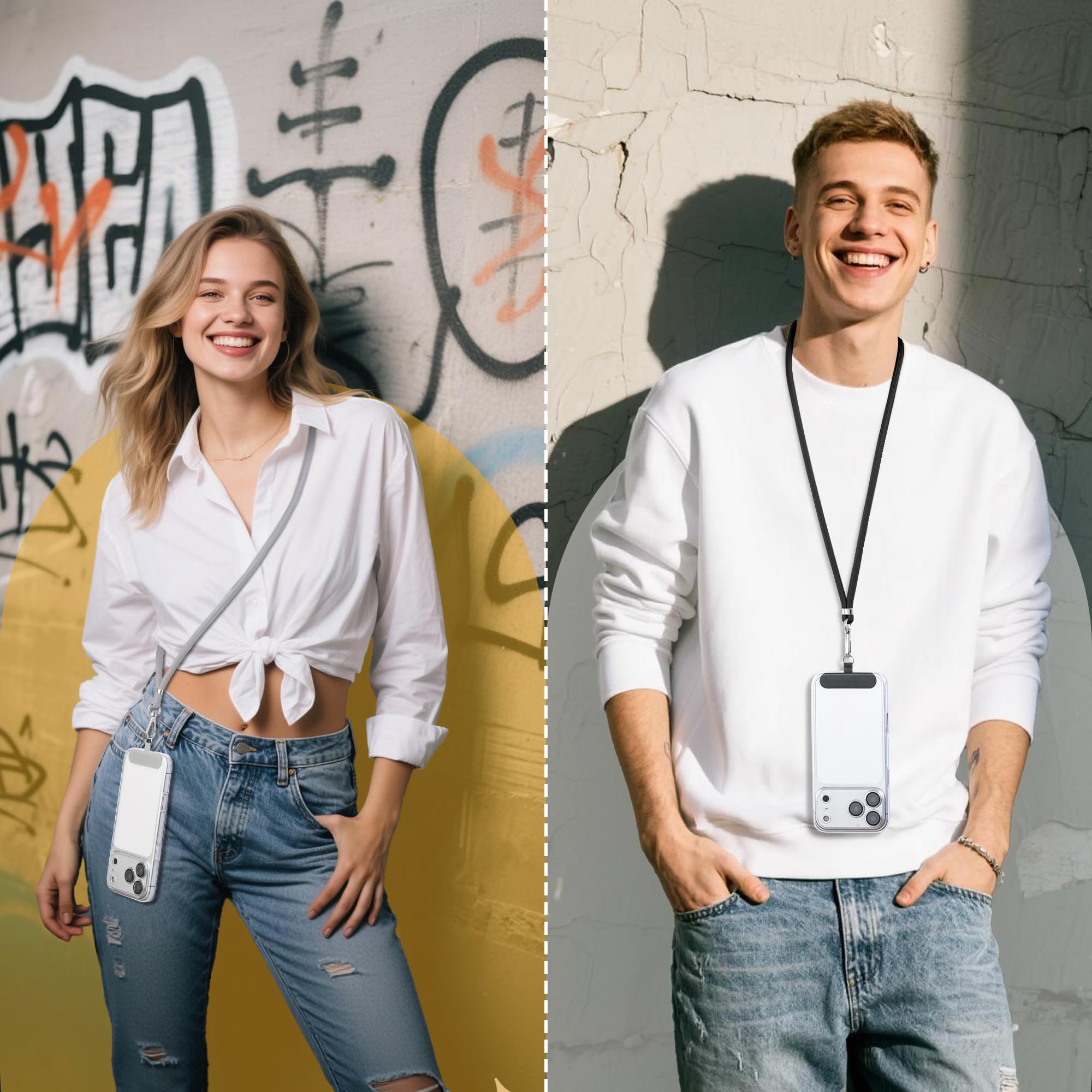 2 Stück Handyband Zum Umhängen und 4 Stück Handy Bänd Patch,Nylon handykette universal zum Umhängen kompatibel mit Alle Smartphones,Verstellbar Handy Umhängeband,Schwarz und Grau