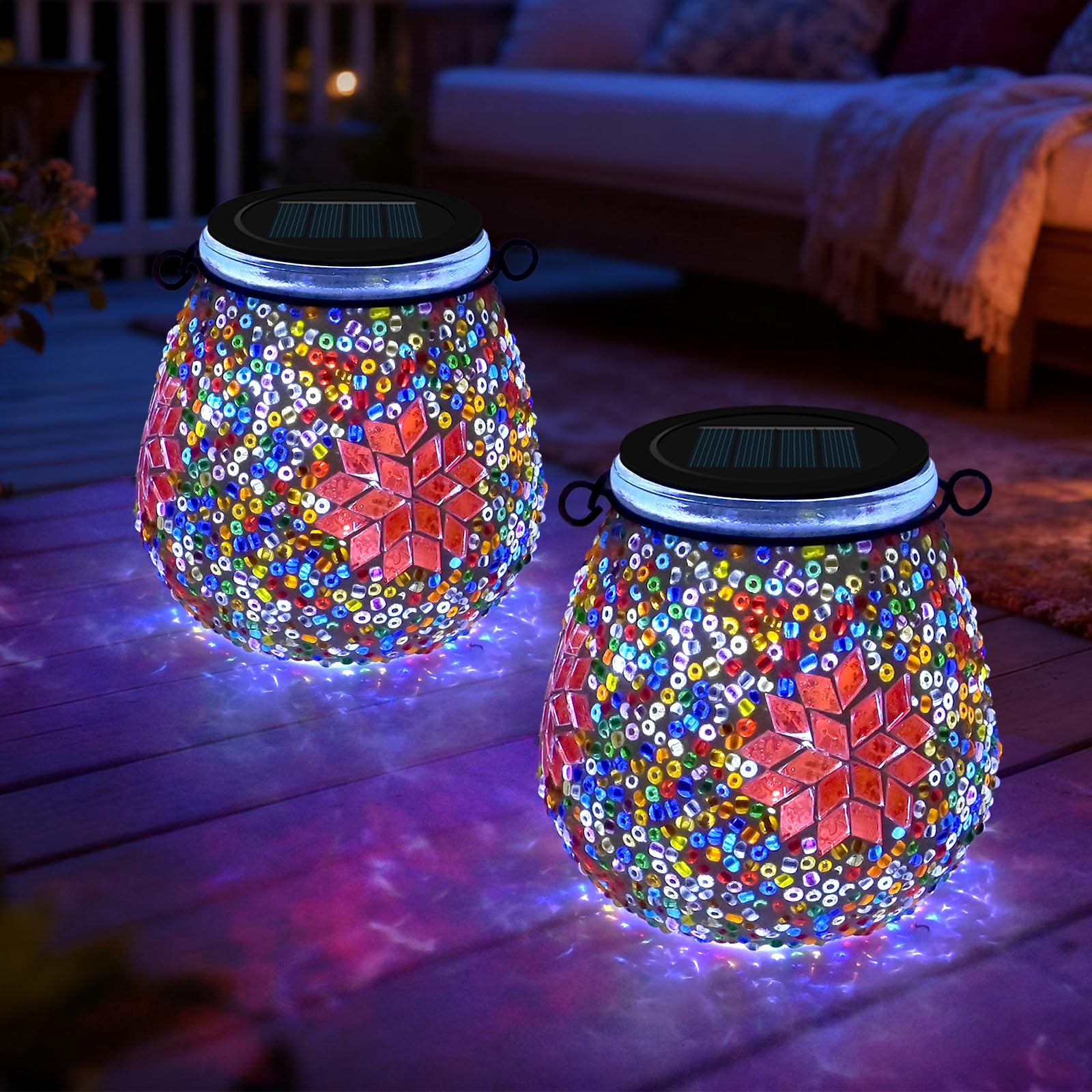 1PCS Oval Solar Mosaic Lights Outdoor, On/Off Glass Hanging Solar Mosaic Lanterns Lights IP65 Waterproof for Table Lawn Path Courtyard Deck Fence, Maple Mosaic Light — view 24