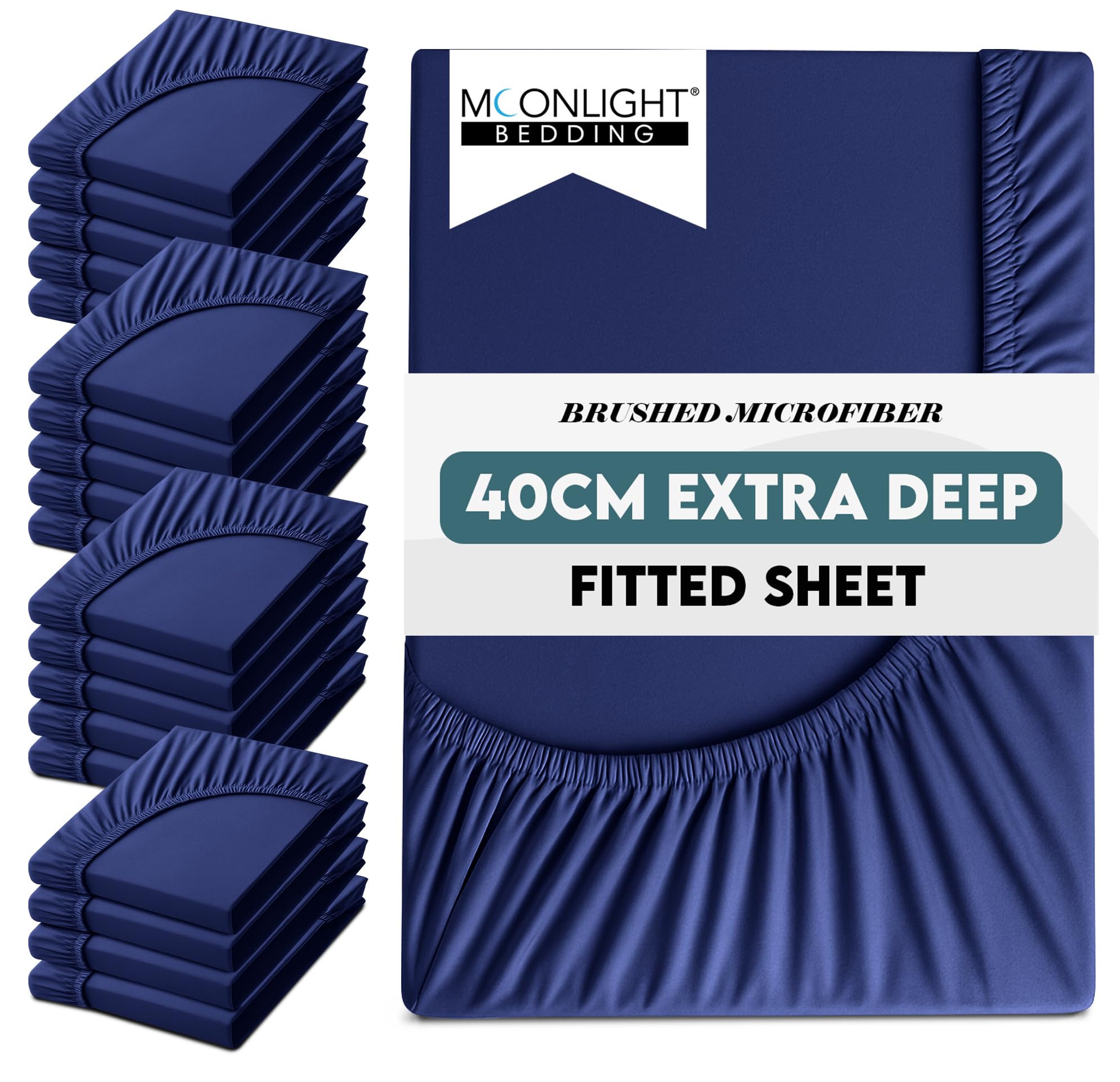 Moonlight Bedding Single Fitted Sheet Deep Fit 40CM 20 Pack Navy Bed Sheet with Elastic Corners 16 Inch Extra Pocket Brushed Microfiber Easy Care Breathable Shrinkage Fade-Resistant Bedsheets