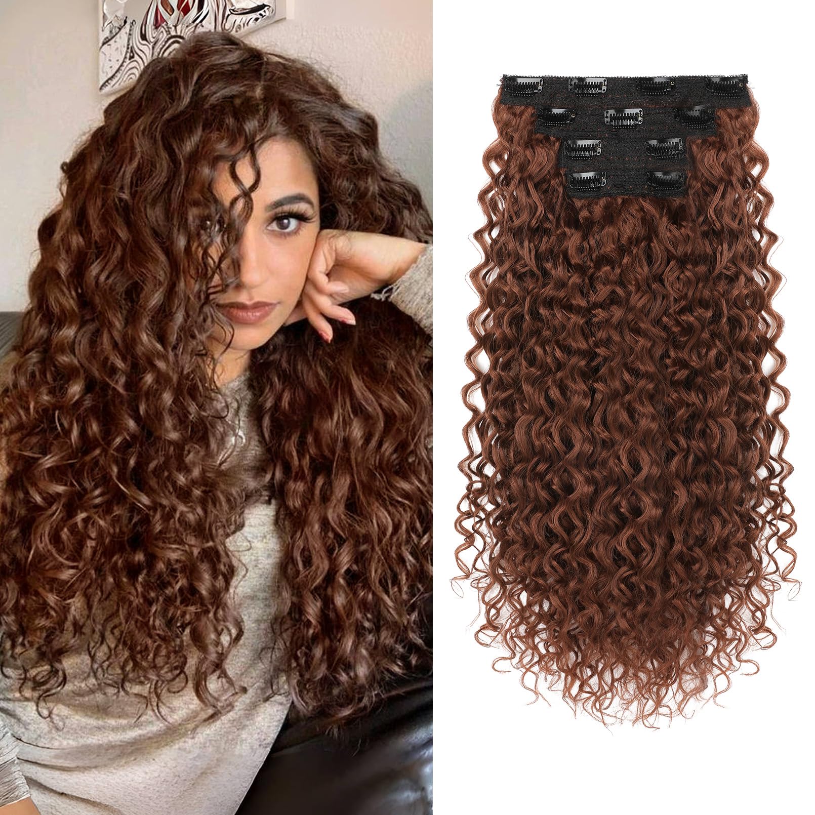 FLUFYMOOZ hair extensions Clip-in-Haarverlängerungen, 4-teilig, 100% reine Proteinseide, Haarverlängerungen, lang, weich, natürlich, 50 cm, lockige Haarverlängerung für Frauen (Kupferrot)
